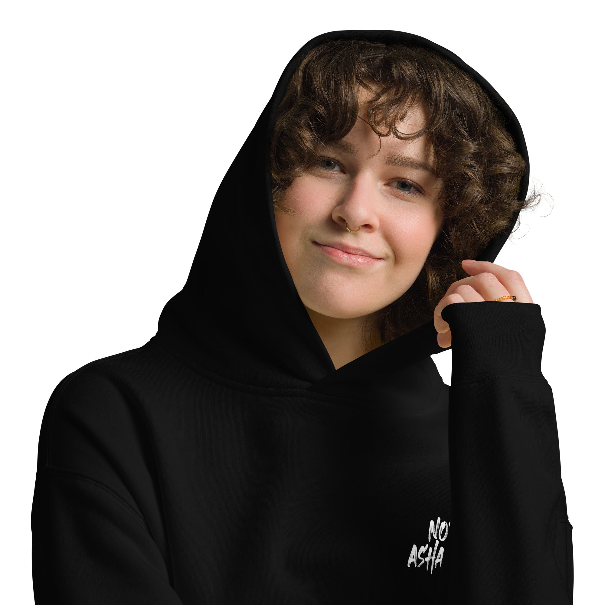 Image of Not Ashamed oversized Christian hoodie black front lifestyle — Entrusted to Him