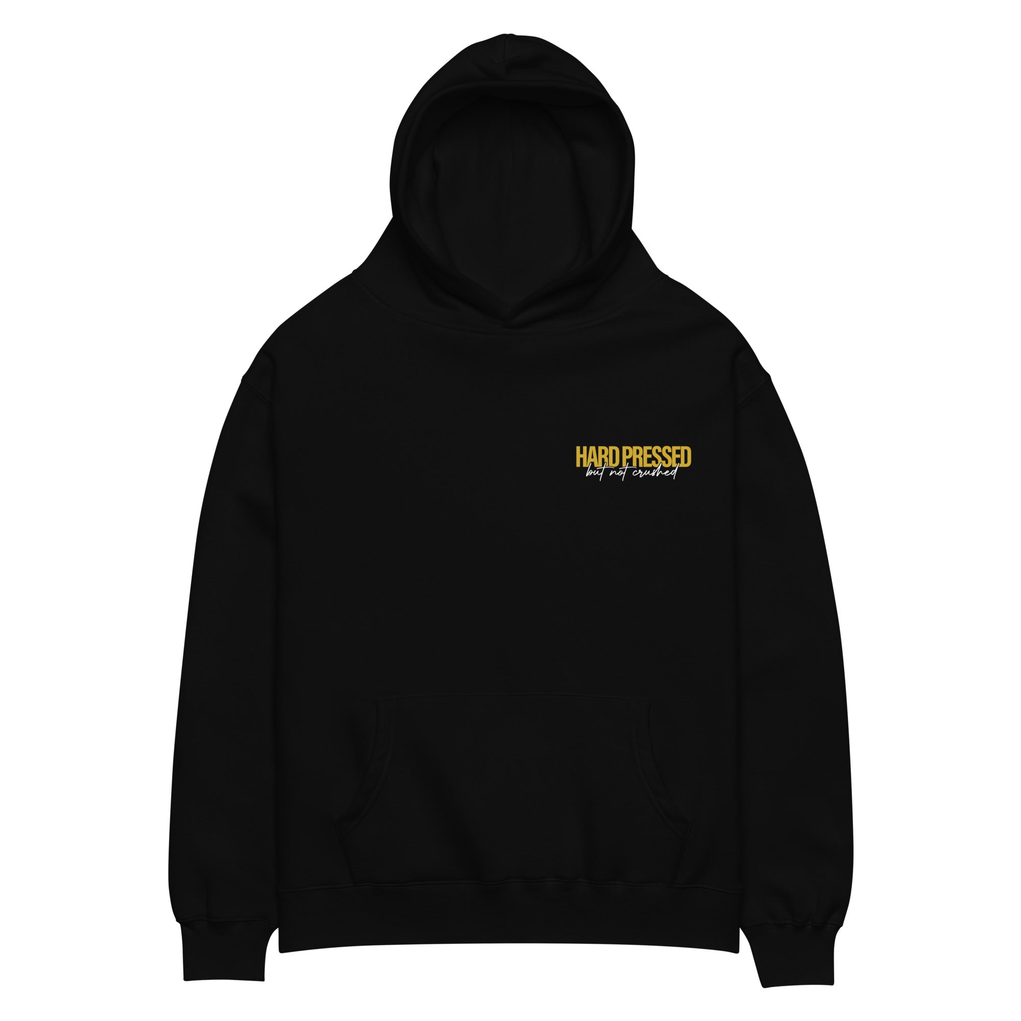 Image of Hard Pressed oversized faith-based hoodie black front close-up — Entrusted to Him