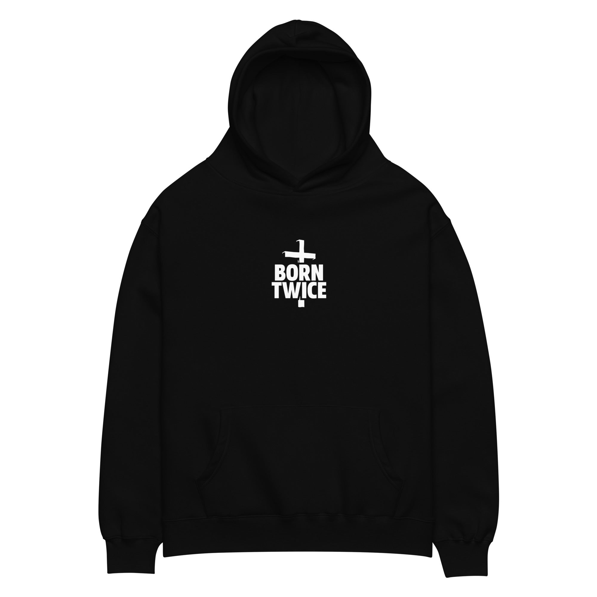 Image of Born Twice oversized Christian hoodie black front view — Entrusted to Him