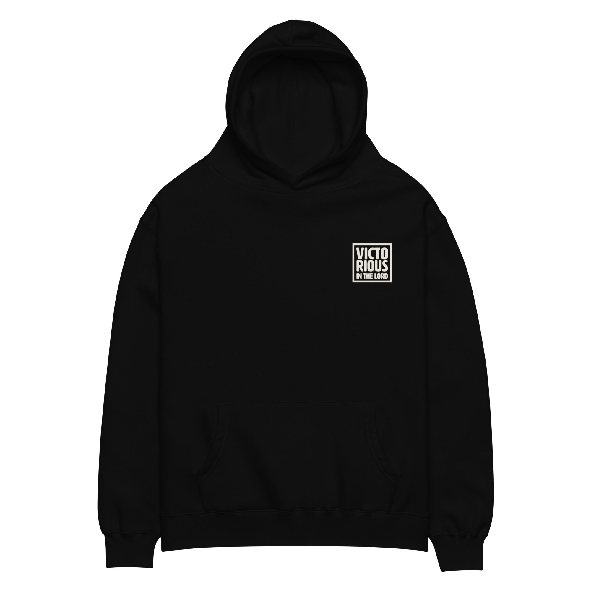 Image of Victorious in the Lord Jesus hoodie black front — Christian streetwear oversized hoodie