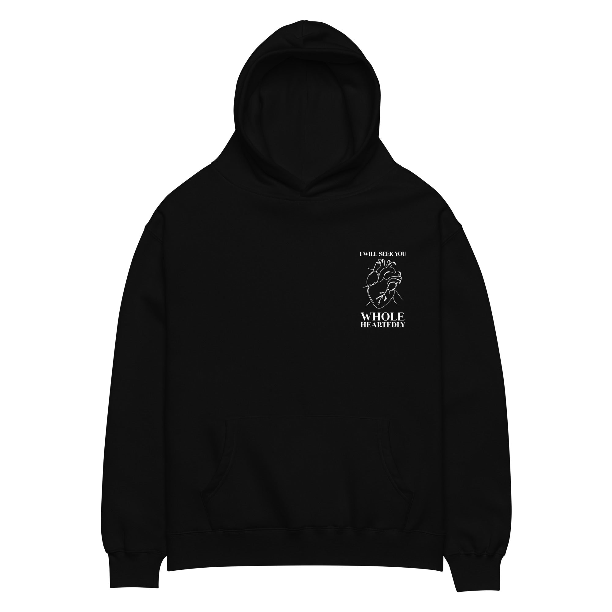 Image of Wholeheartedly Oversized Jesus hoodie black front chest patch — Entrusted to Him Christian apparel