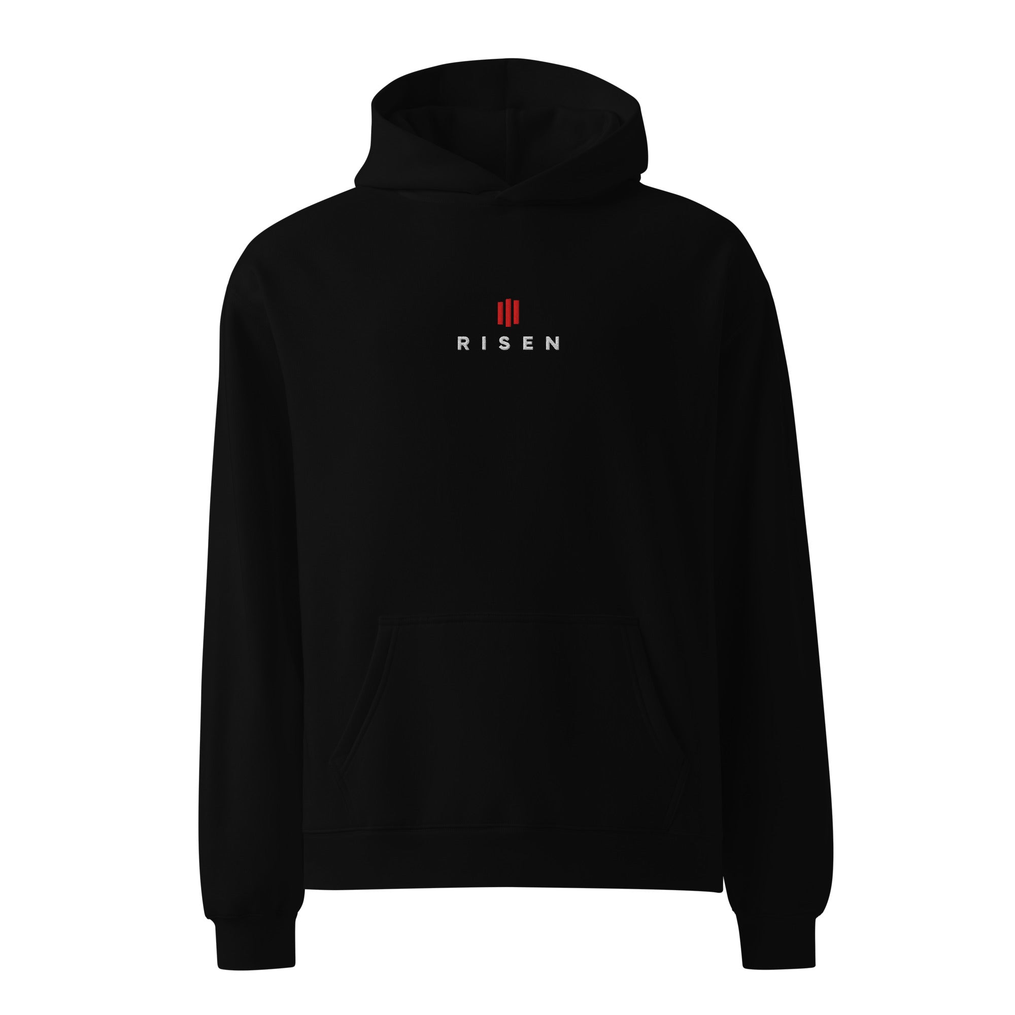 Image of Risen oversized Christian hoodie black front view — Entrusted to Him