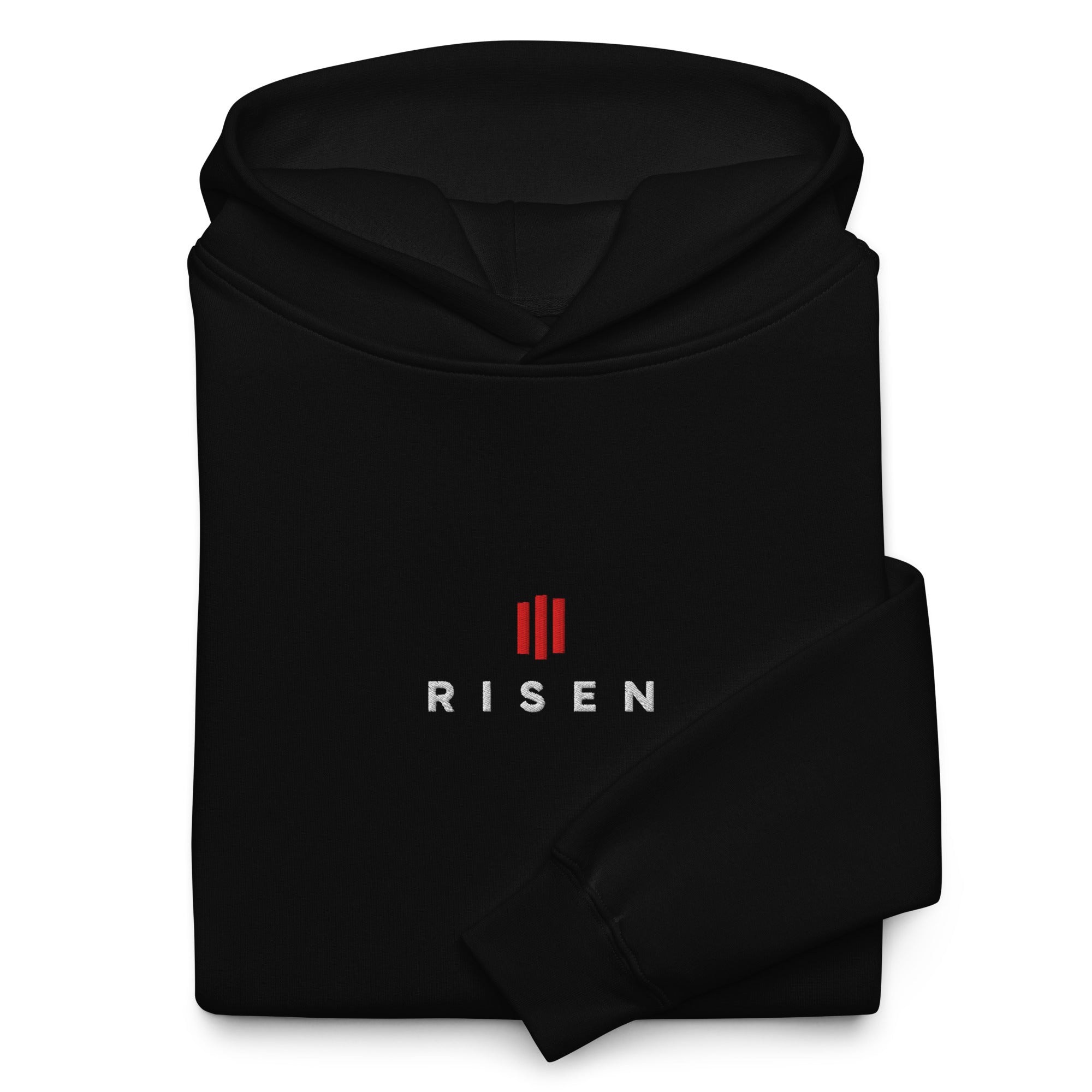 Image of Risen oversized Christian hoodie black front close-up — Entrusted to Him