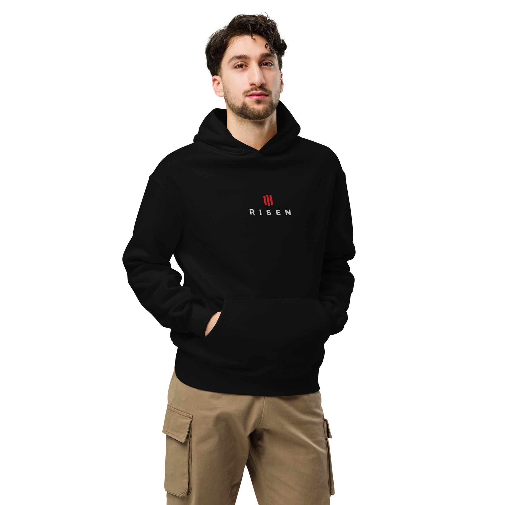 Image of Risen oversized Jesus hoodie black front lifestyle — Entrusted to Him