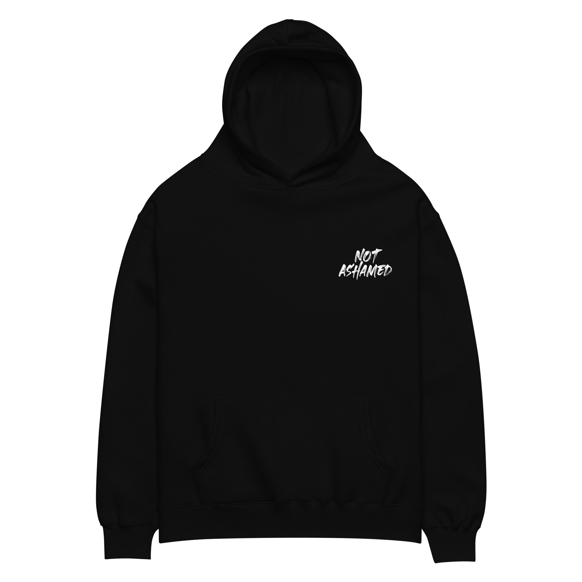 Image of Not Ashamed oversized Christian hoodie black front view — Entrusted to Him