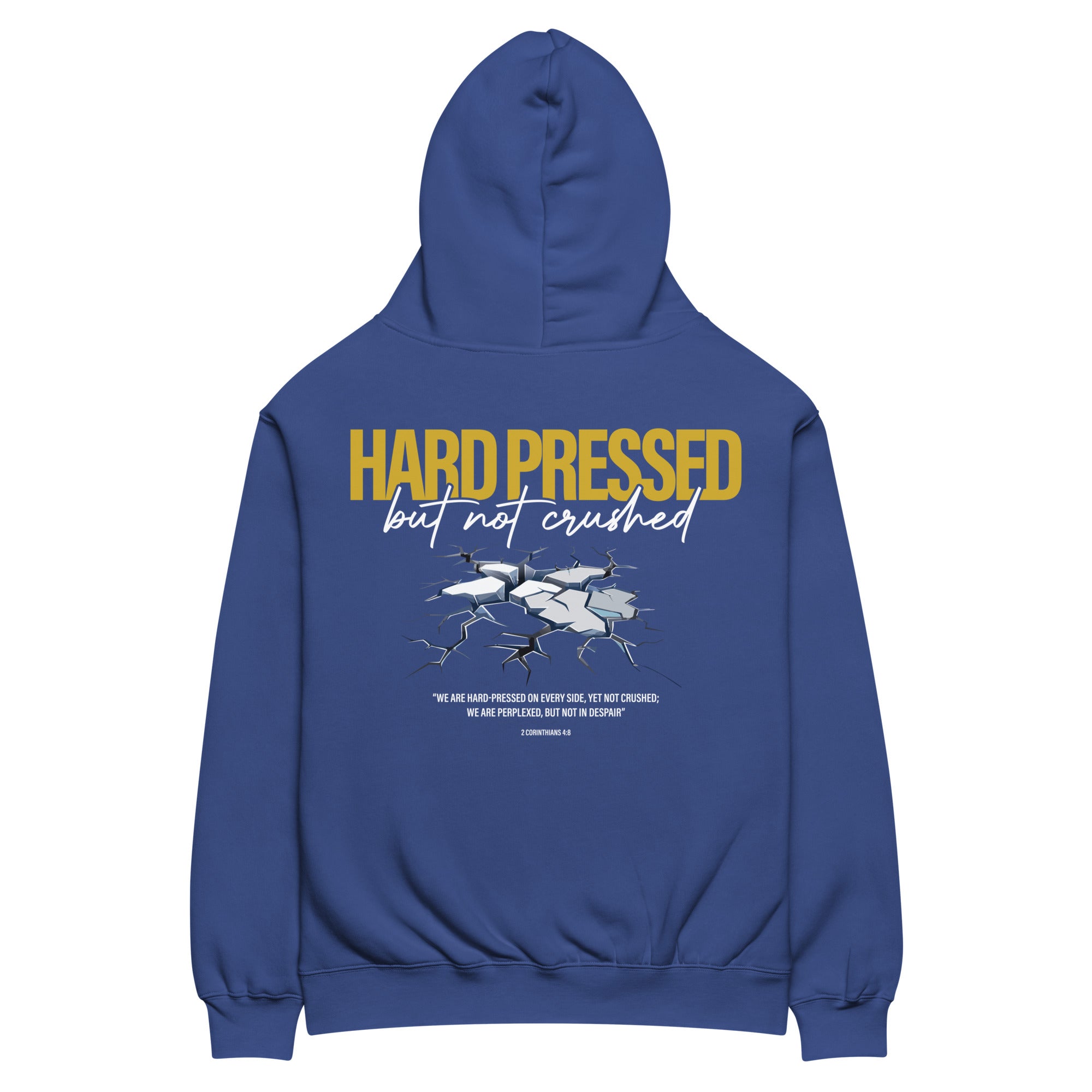 Image of Hard Pressed oversized Christian hoodie cobalt back view — Entrusted to Him