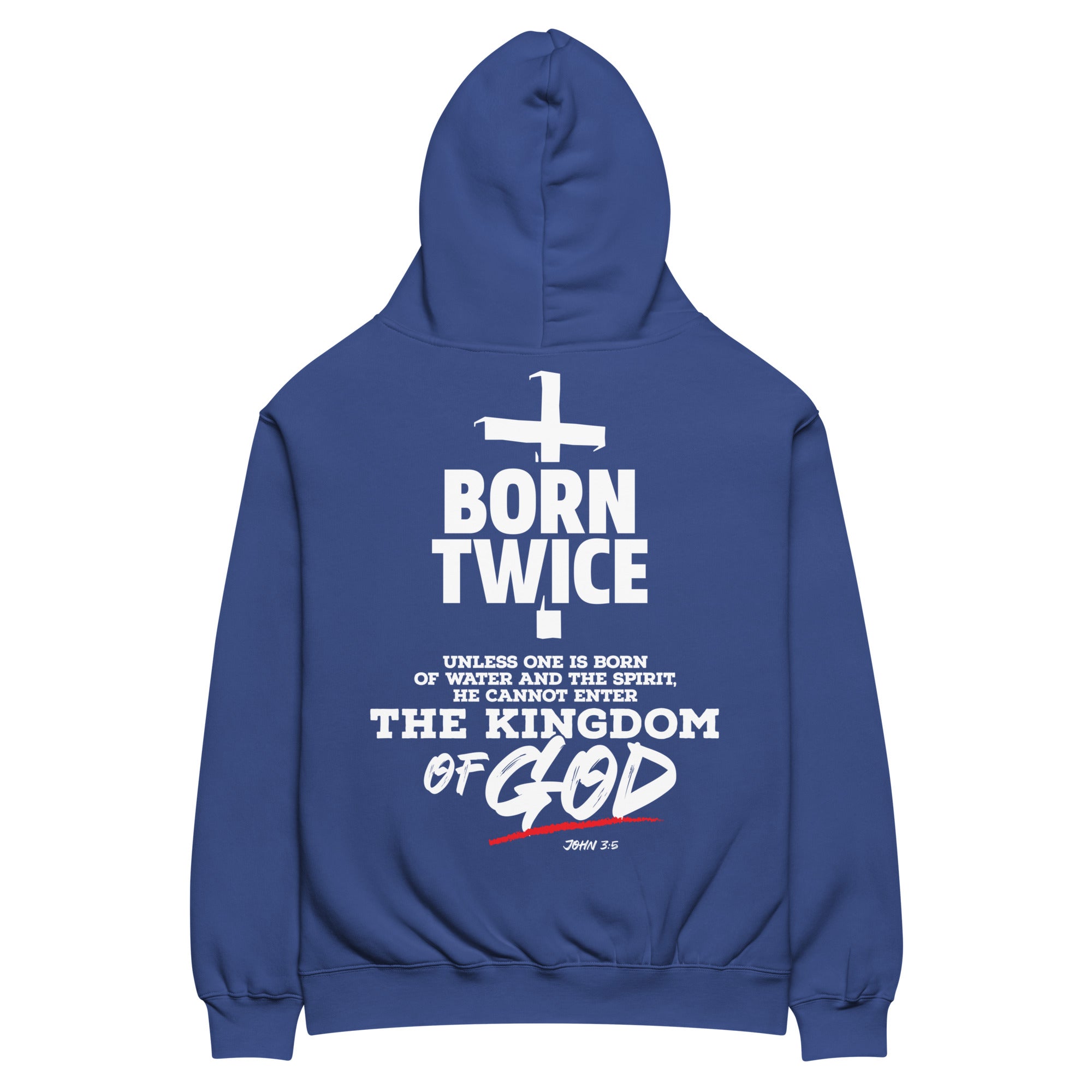 Image of Born Twice oversized Christian hoodie cobalt back view — Entrusted to Him