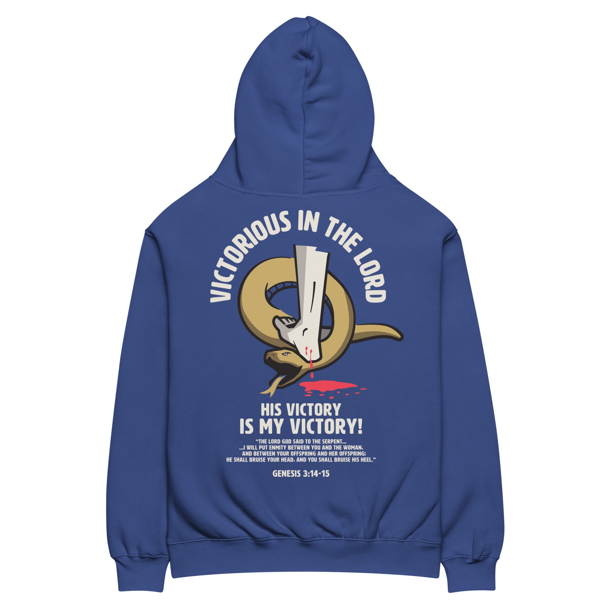 Image of Victorious in the Lord Oversized Christian hoodie cobalt back — faith-based apparel Entrusted to Him