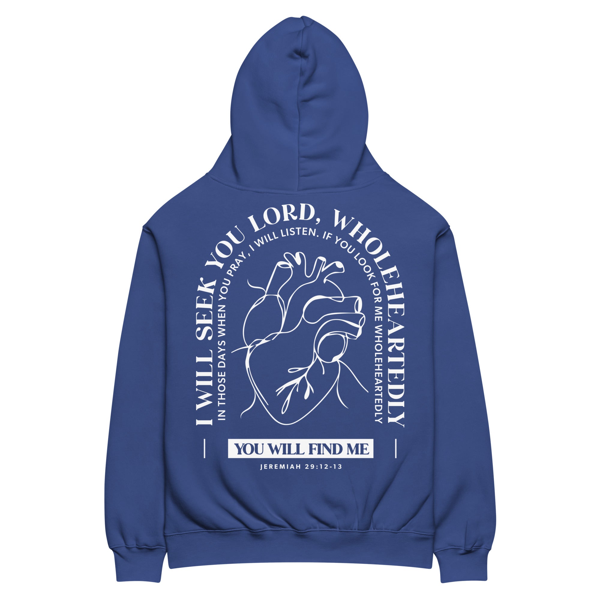 Image of Wholeheartedly Oversized cobalt back — Christian streetwear hoodie Jeremiah 29:13 heart graphic