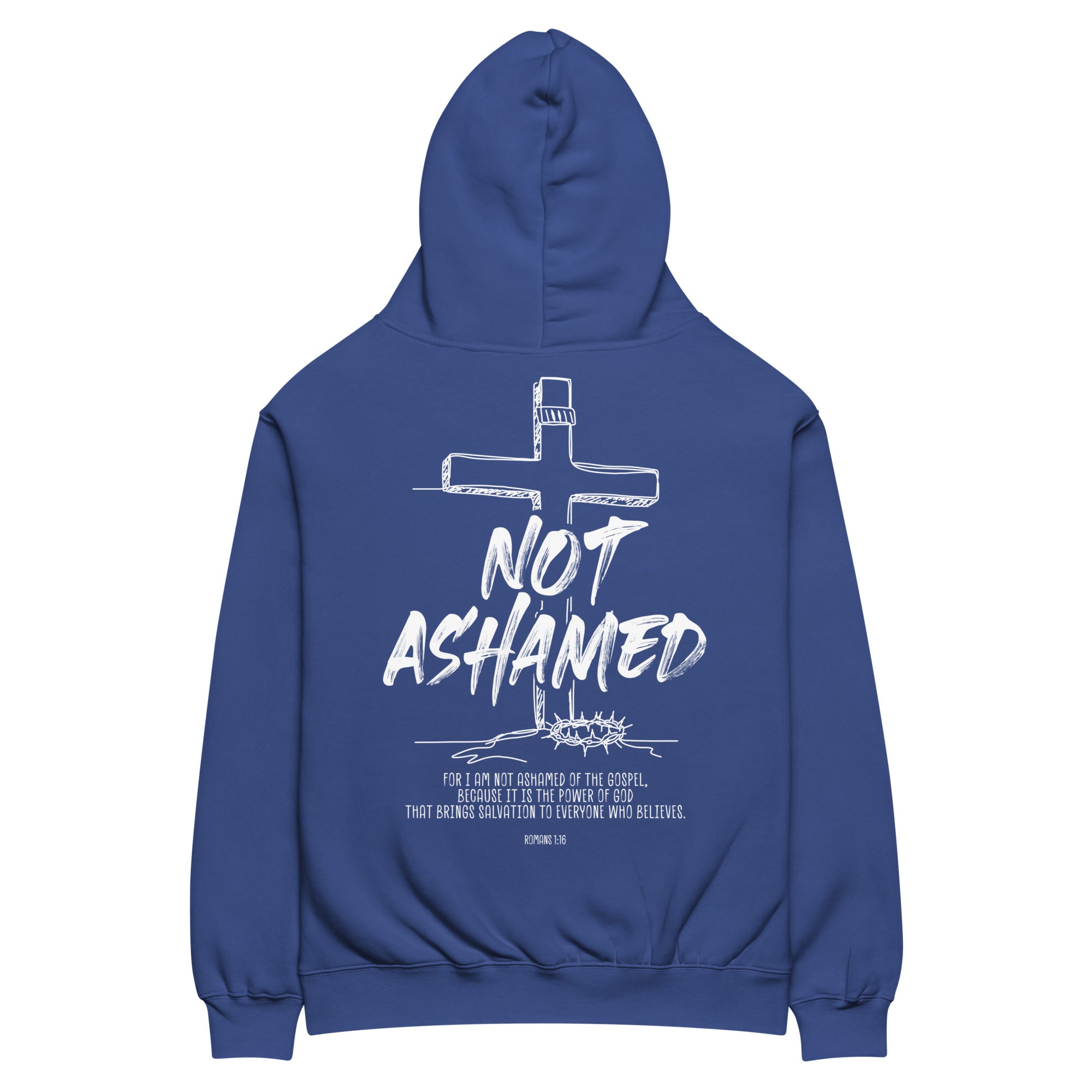 Image of Not Ashamed oversized Christian hoodie cobalt back view — Entrusted to Him