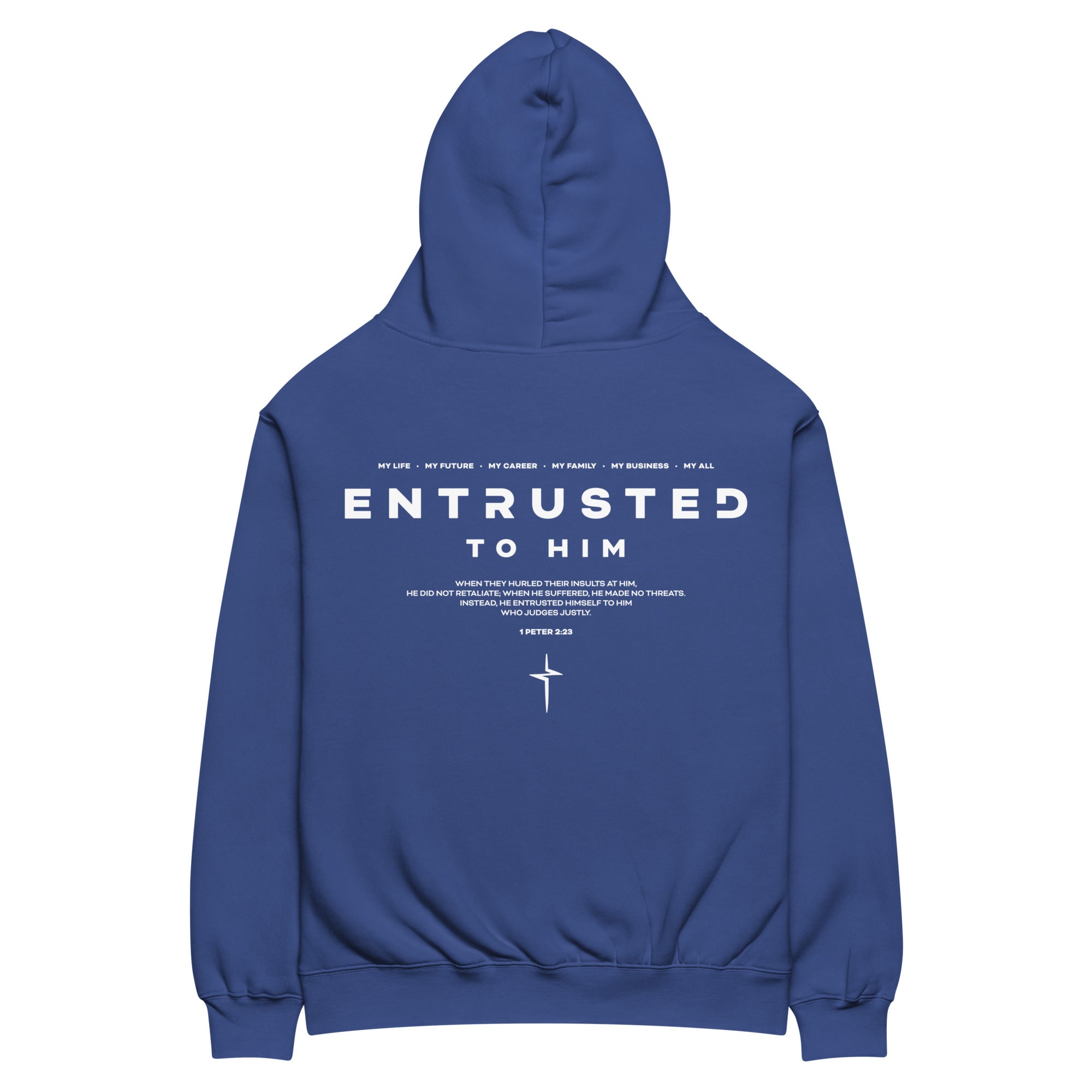 Image of Entrusted Oversized Christian hoodie cobalt back view — faith-based hoodie inspired by 1 Peter 2:23