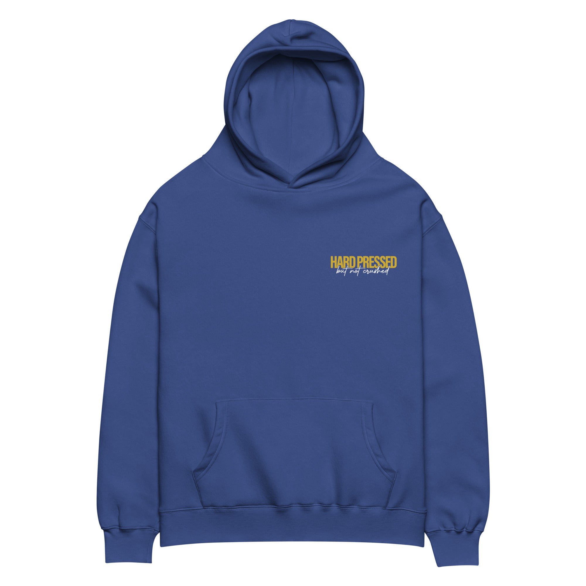 Image of Hard Pressed oversized Christian hoodie cobalt front view — Entrusted to Him