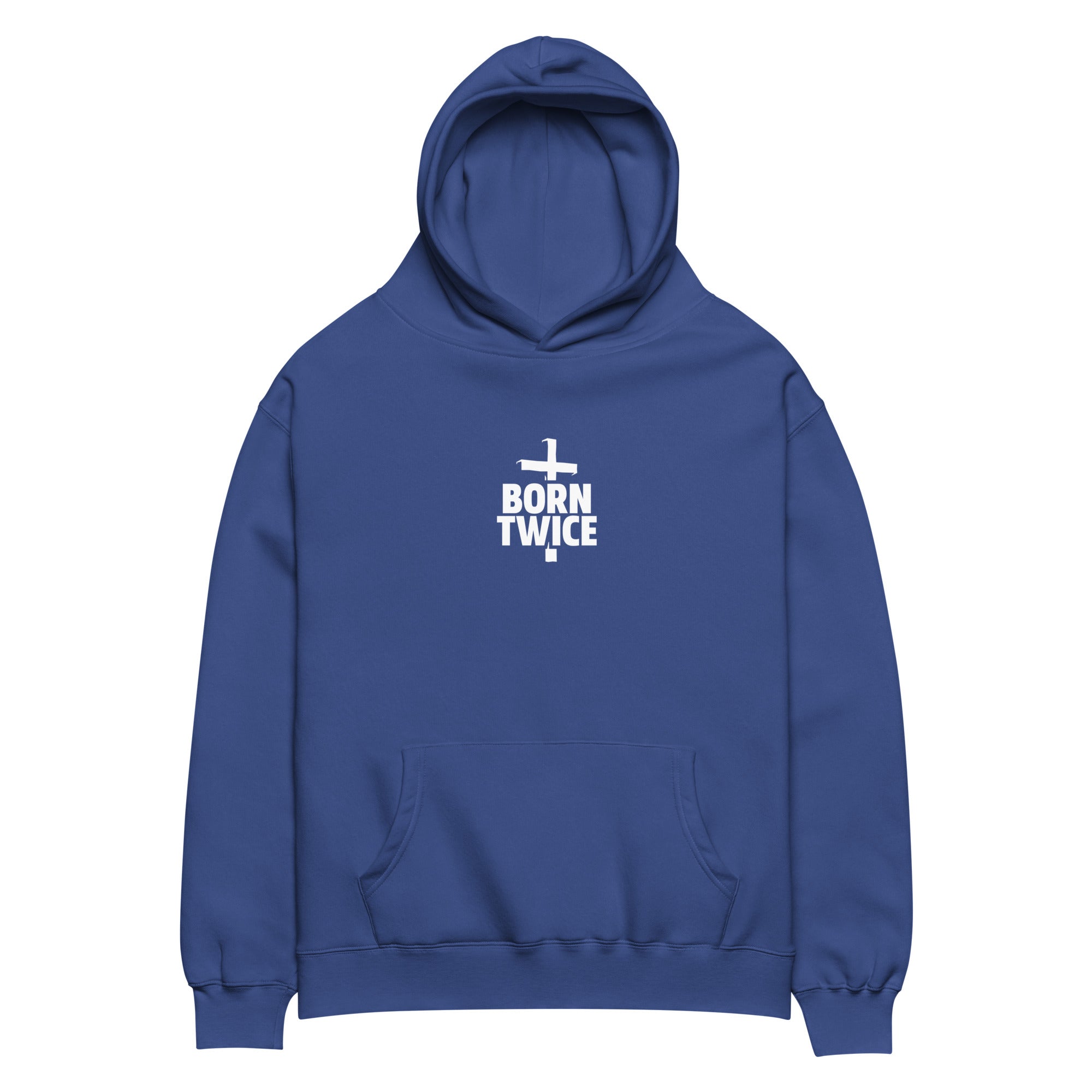 Image of Born Twice oversized Christian hoodie cobalt front view — Entrusted to Him