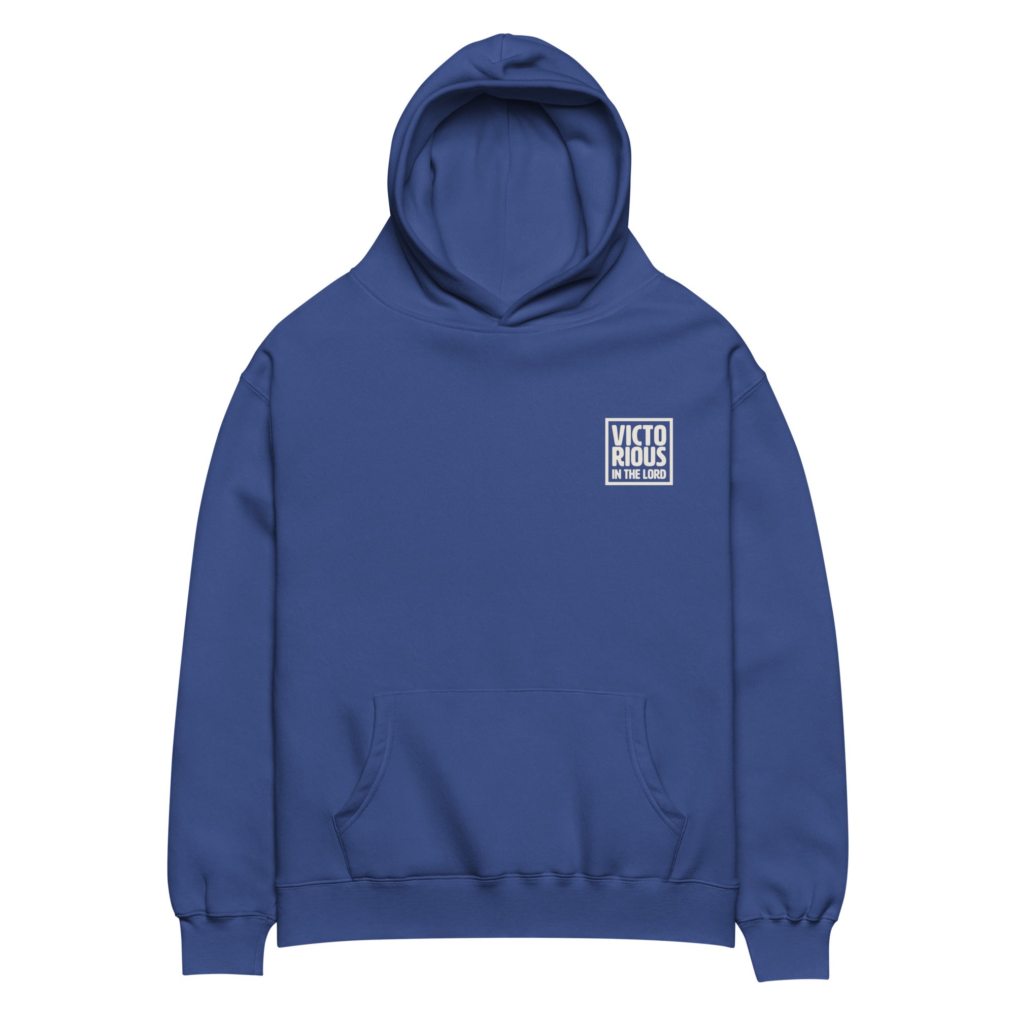 Image of Victorious in the Lord cobalt front chest patch — organic Christian hoodie for men and women