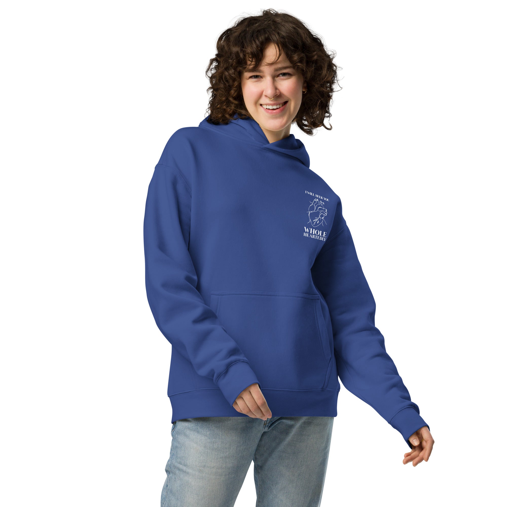 Image of Wholeheartedly Oversized cobalt Christian hoodie lifestyle front — faith-based apparel for men