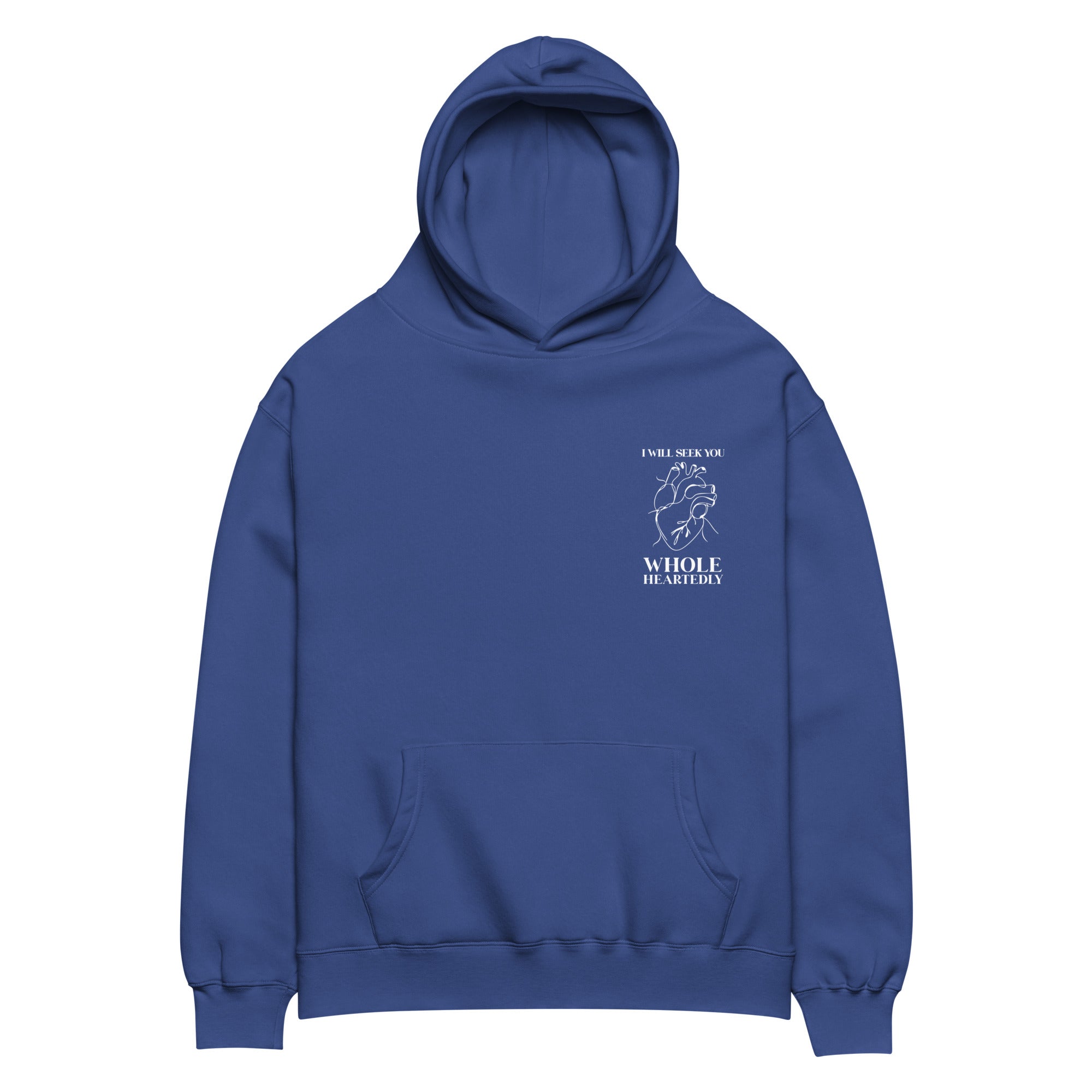 Image of Wholeheartedly Oversized Christian hoodie cobalt front chest patch — Entrusted to Him faith apparel
