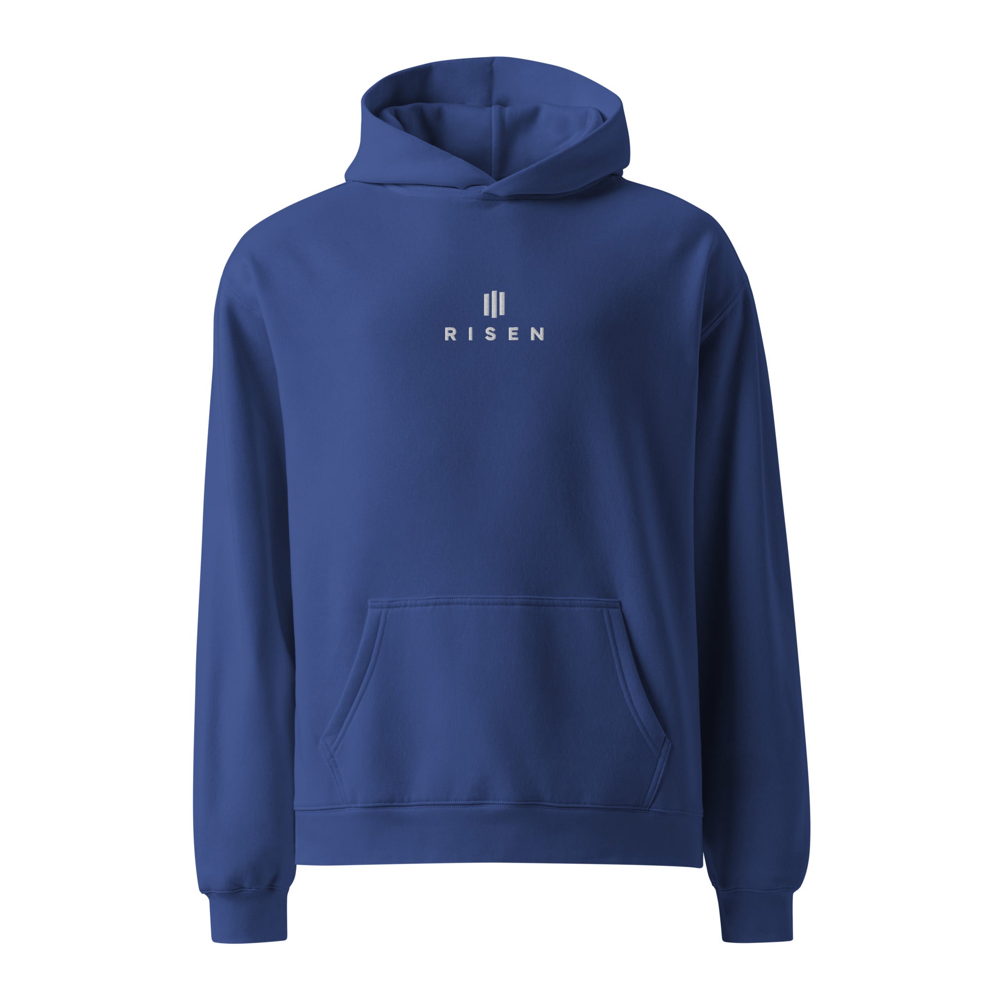 Image of Risen oversized Christian hoodie cobalt back view — Entrusted to Him