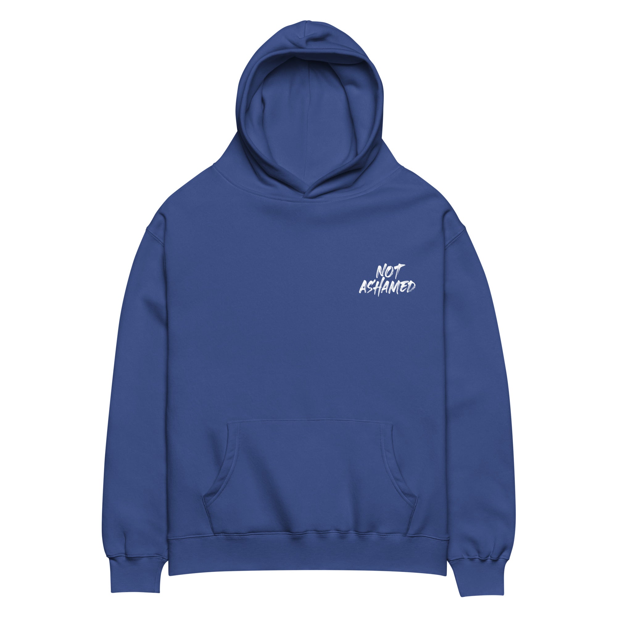 Image of Not Ashamed oversized faith-based hoodie cobalt front view — Entrusted to Him