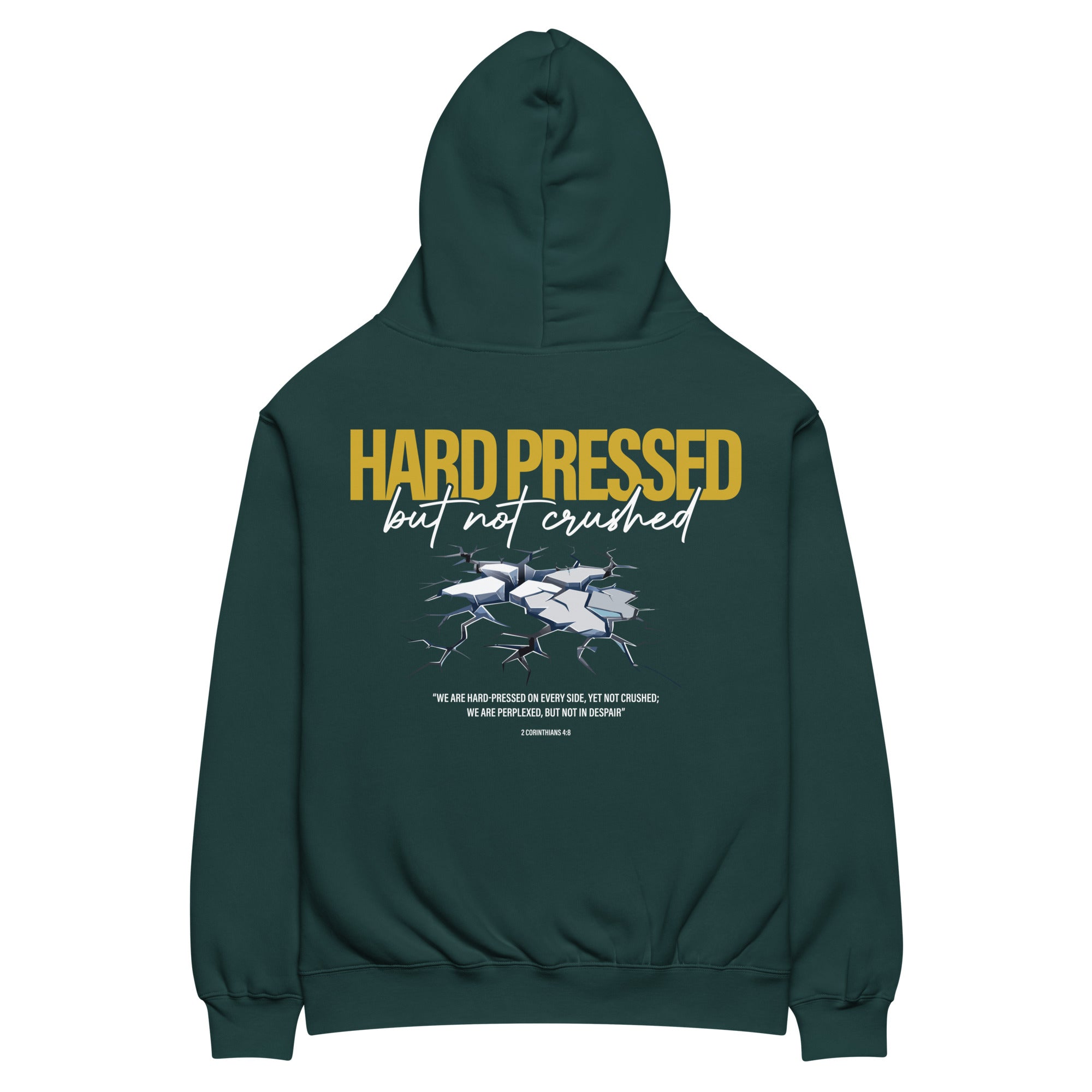 Image of Hard Pressed oversized Christian hoodie pine green back view — Entrusted to Him