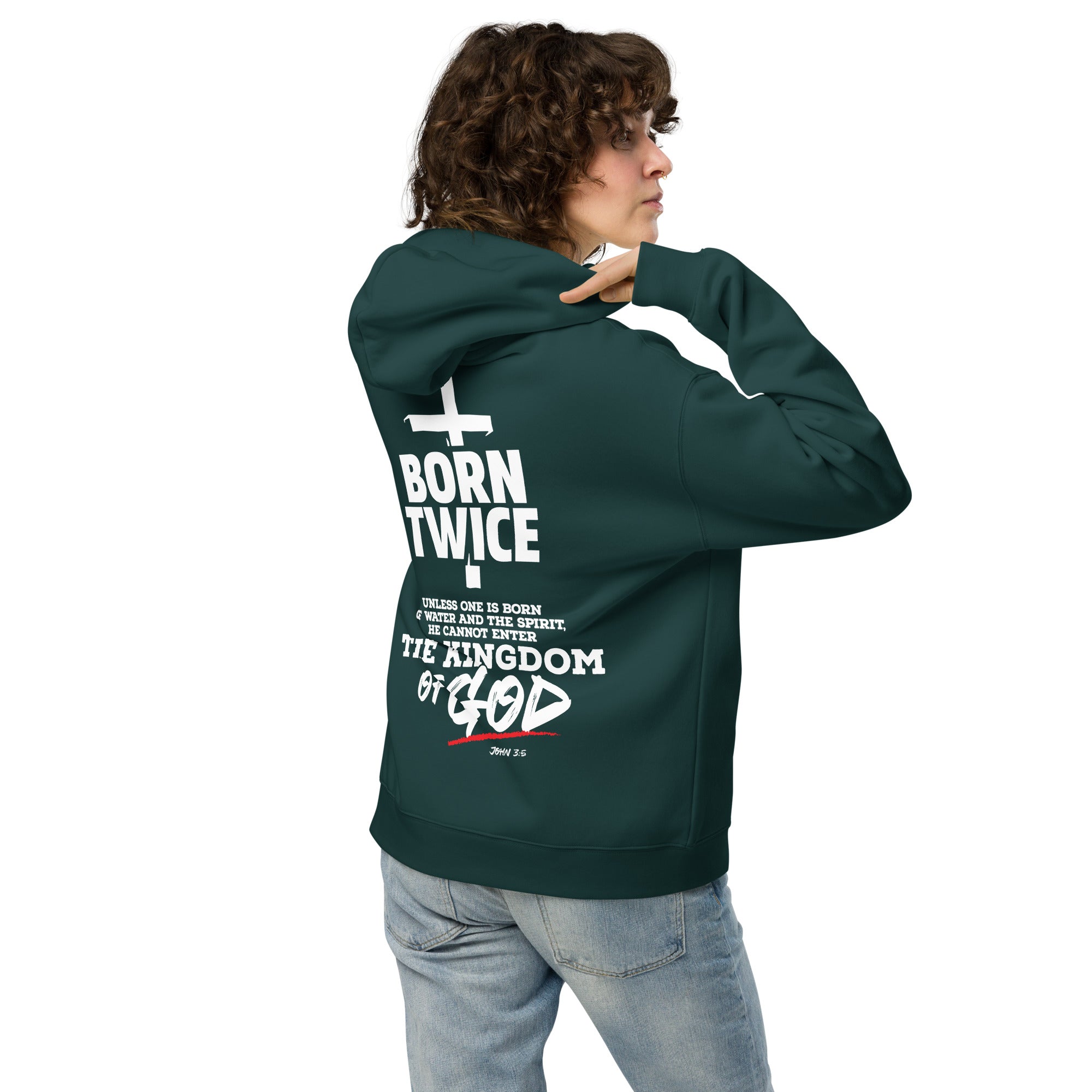 Image of Born Twice oversized Christian hoodie pine green side view — Entrusted to Him