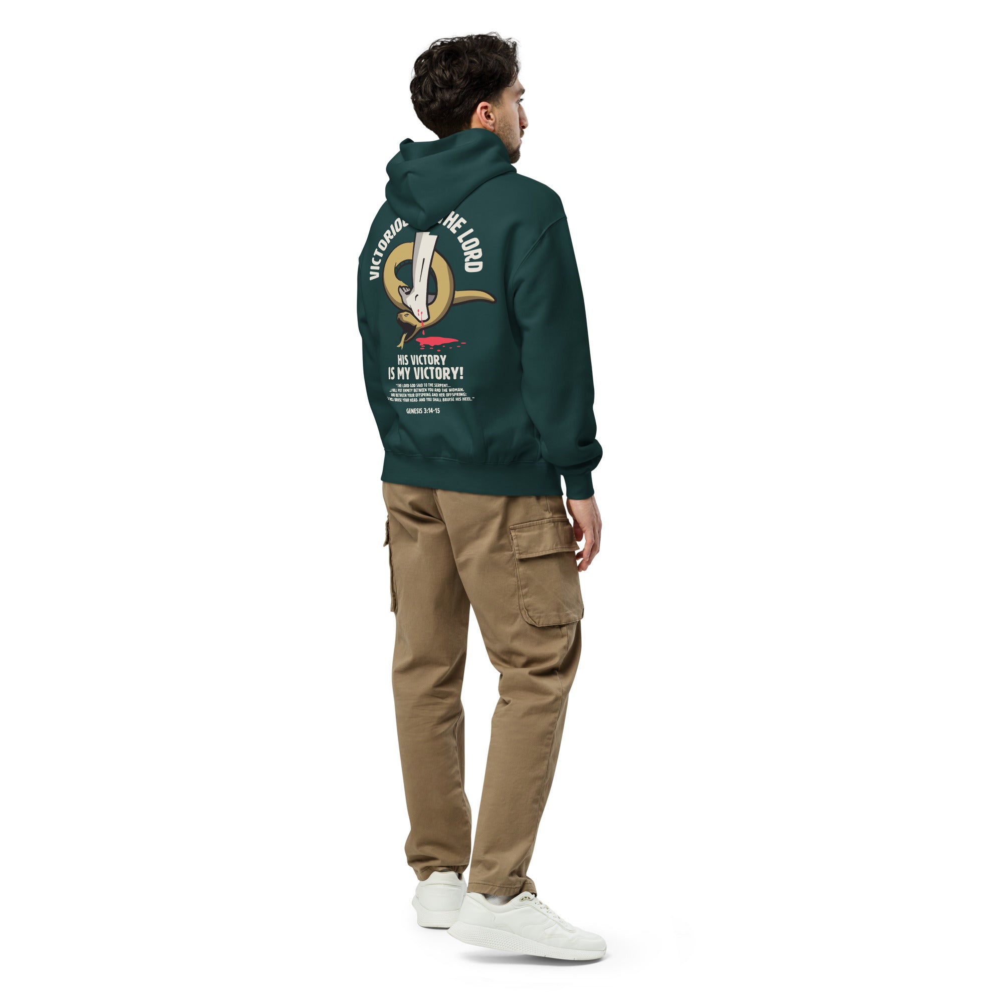 Image of Victorious in the Lord pine green Christian hoodie back alternate lifestyle — organic faith-based apparel