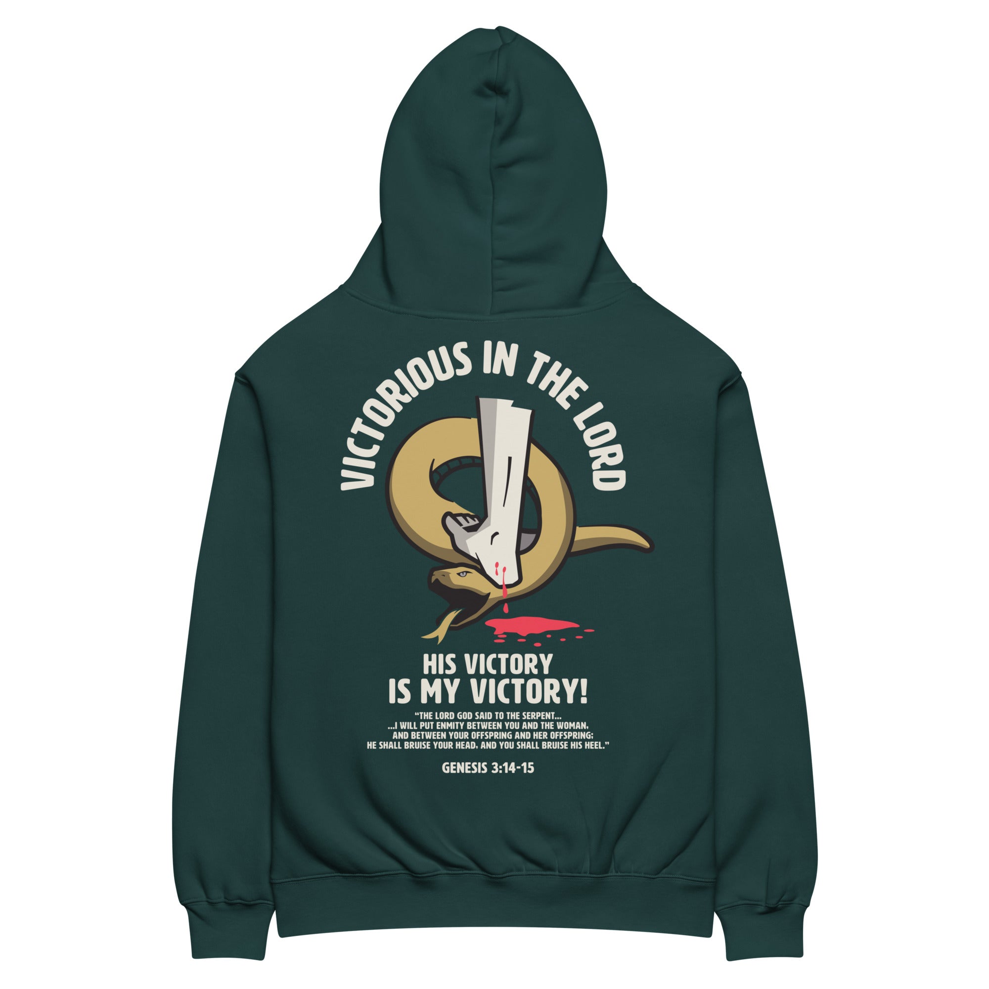 Image of Victorious in the Lord Oversized Christian hoodie pine green back — faith-based hoodie Genesis 3:15