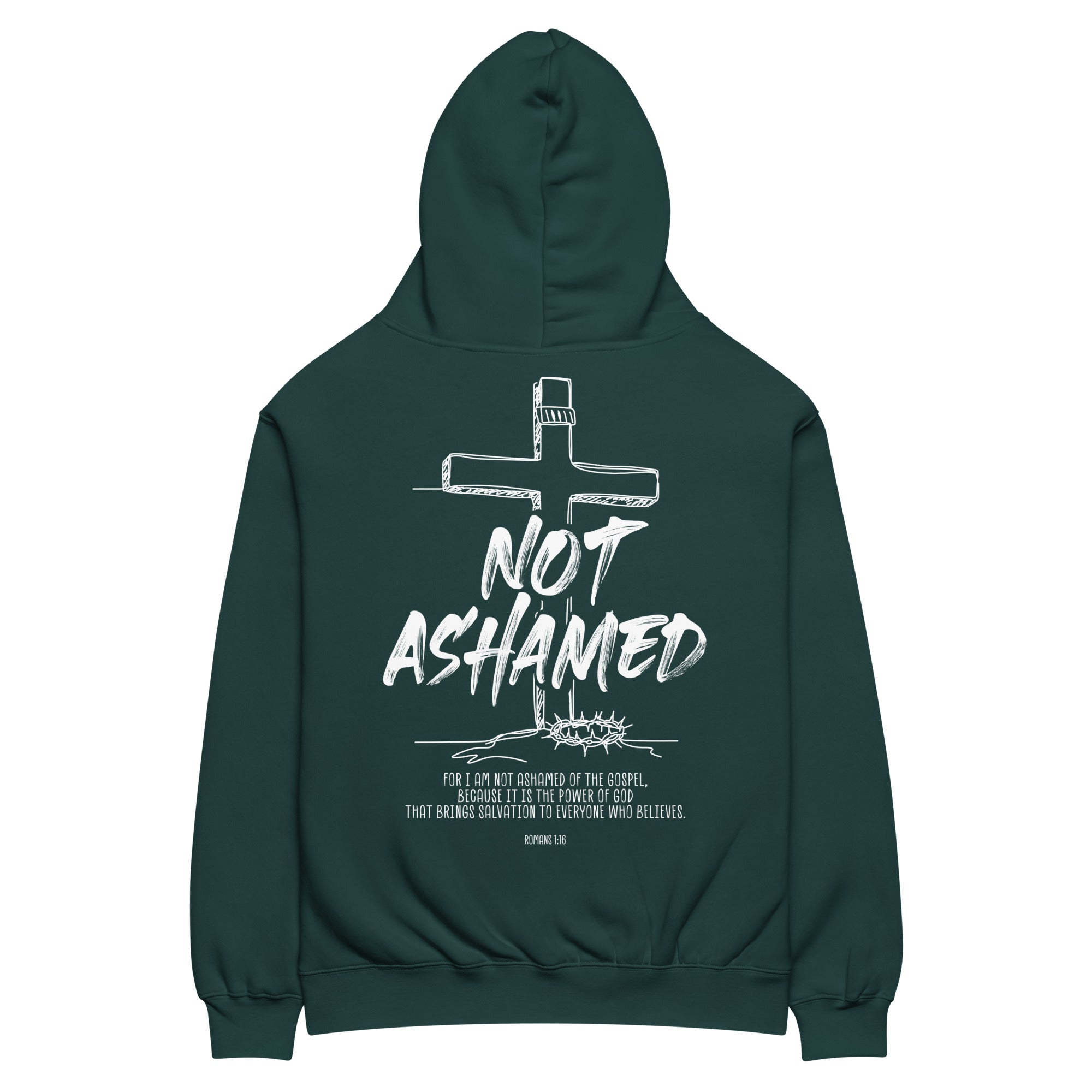 Image of Not Ashamed oversized Christian hoodie pine green back view — Entrusted to Him