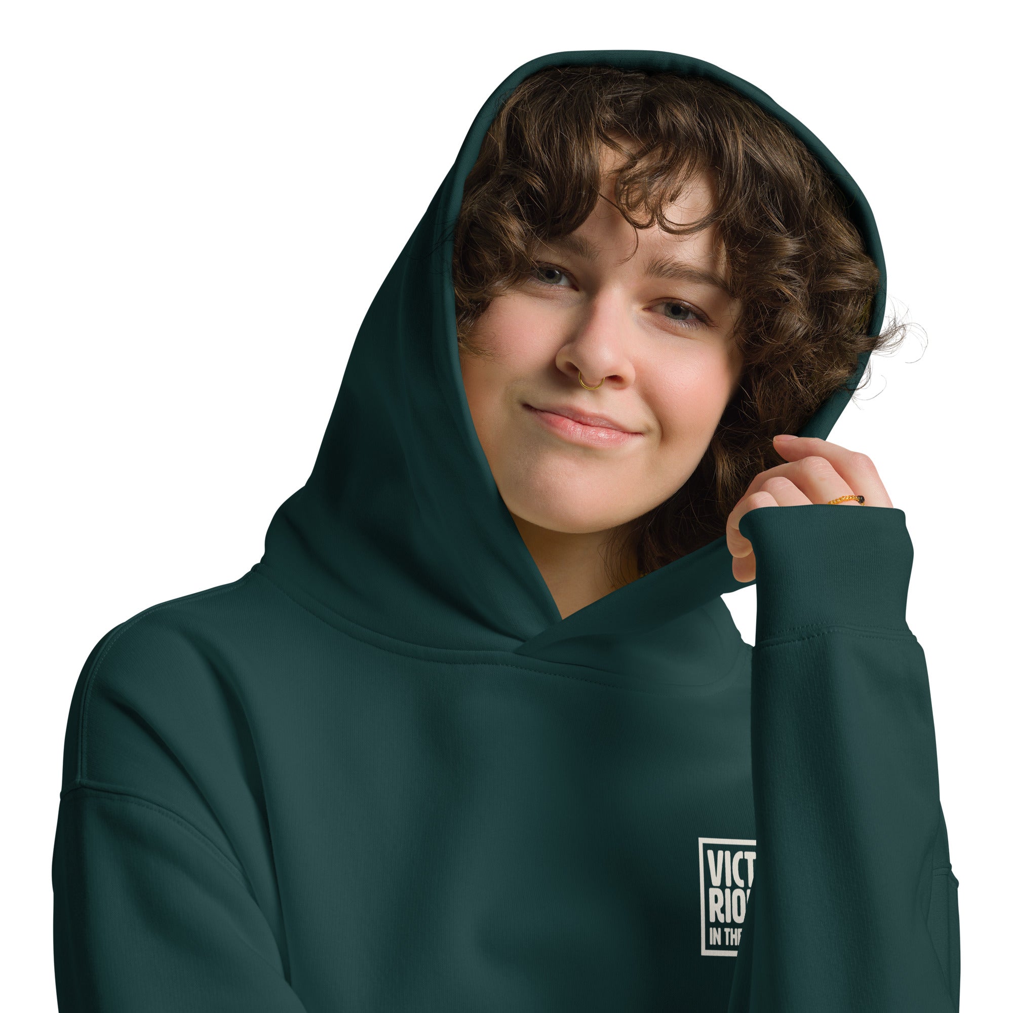 Image of Victorious in the Lord pine green Christian hoodie back detail — God hoodie faith-based apparel