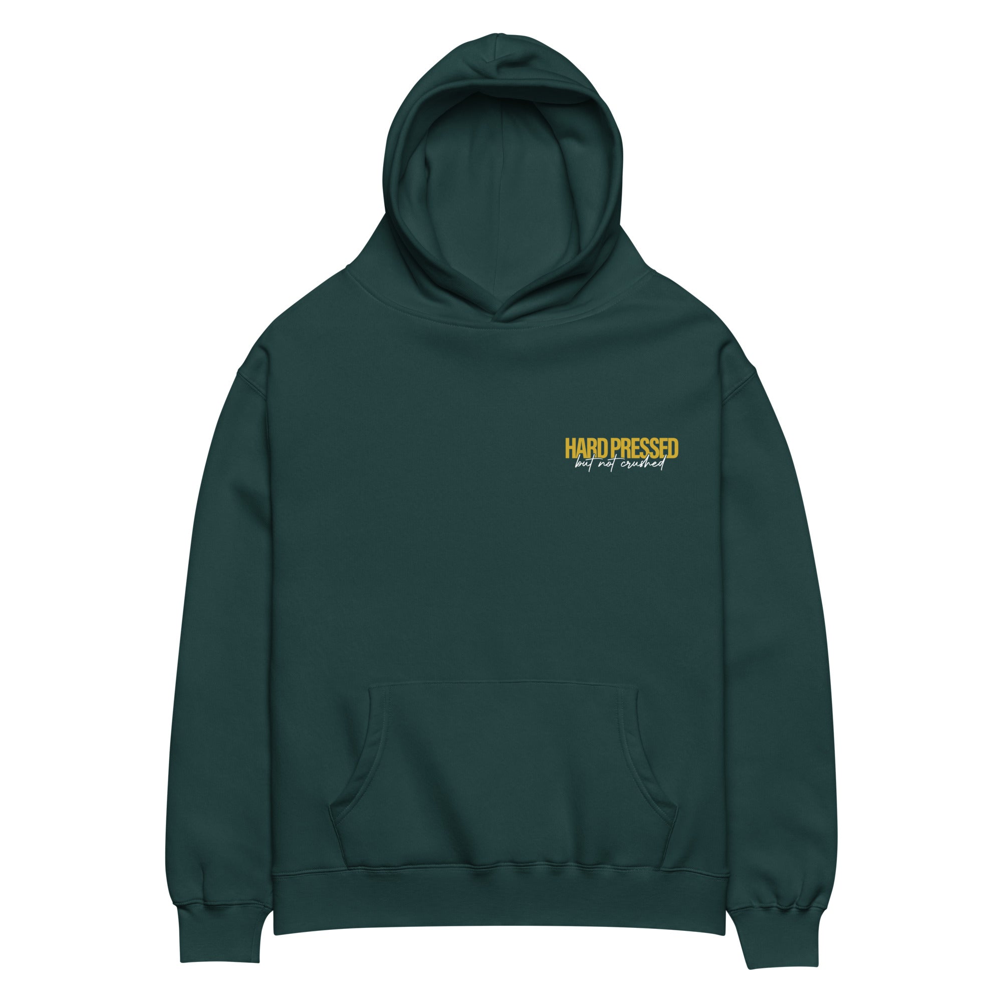 Image of Hard Pressed oversized Christian hoodie black front view — Entrusted to Him
