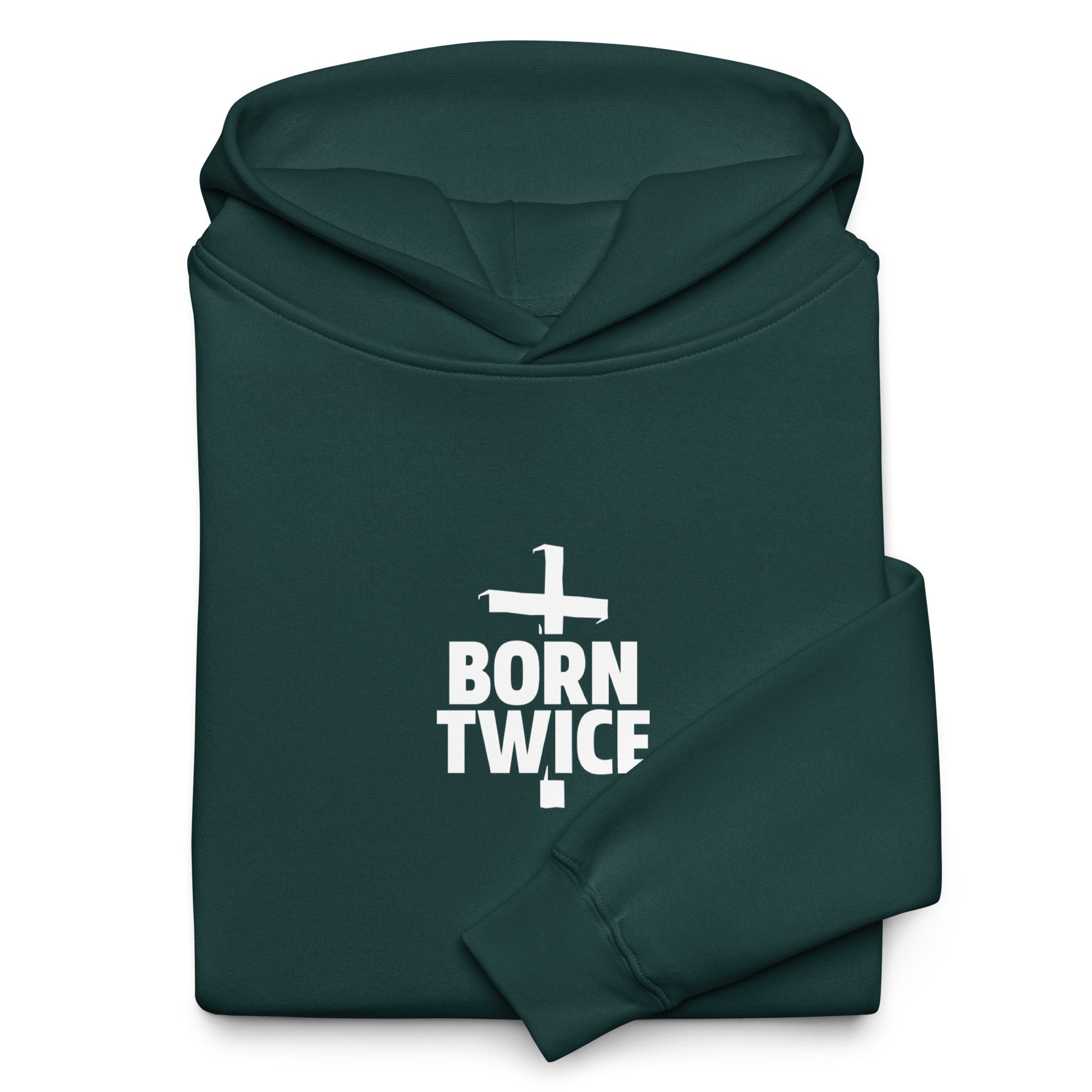 Image of Born Twice oversized Christian hoodie pine green front close-up — Entrusted to Him