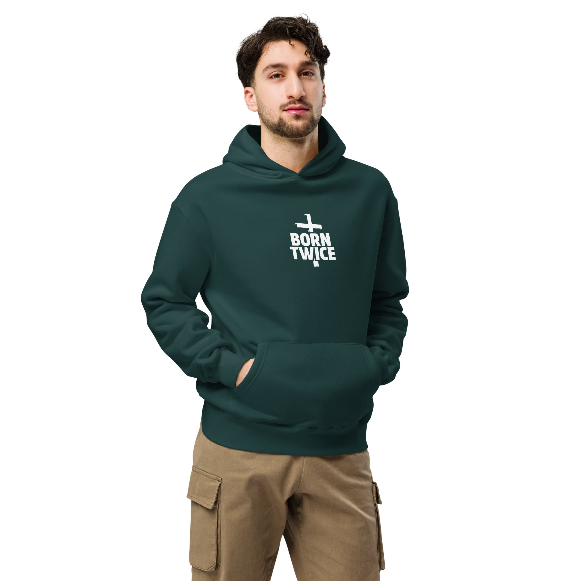 Image of Born Twice oversized Christian hoodie black front lifestyle — Entrusted to Him