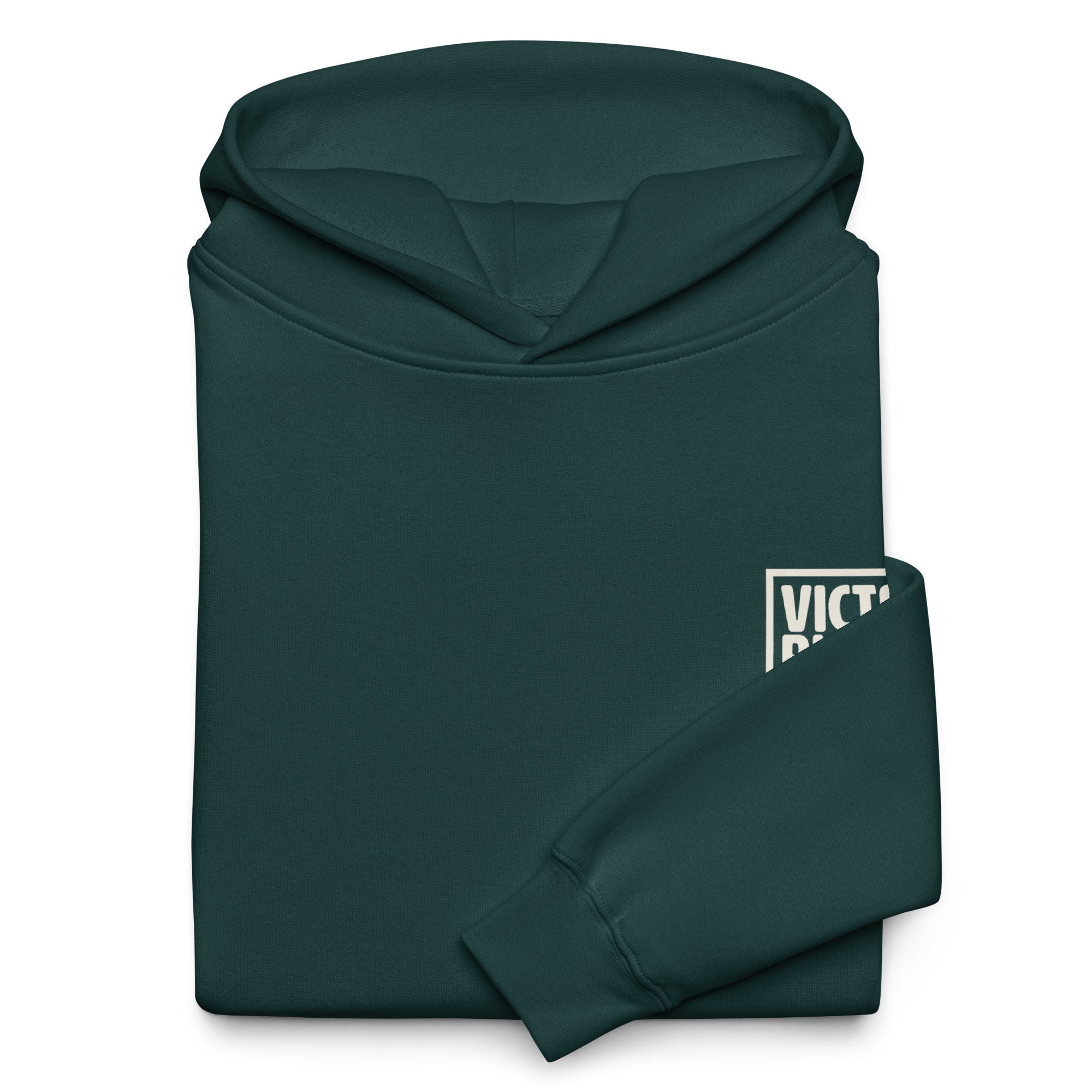 Image of Victorious in the Lord pine green oversized hoodie back lifestyle — Christian streetwear Genesis 3:15