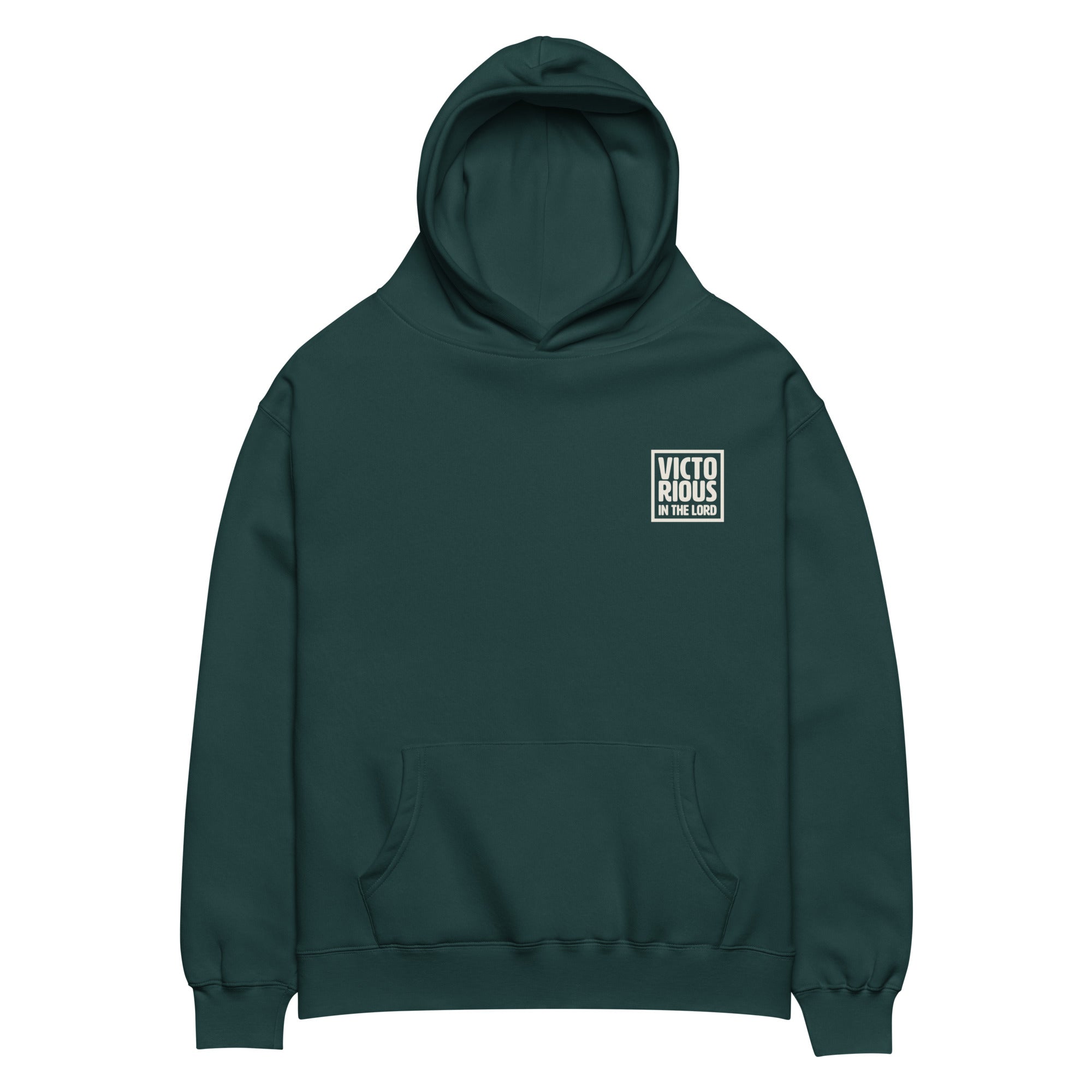 Image of Victorious in the Lord Christian hoodie pine green front chest patch — Entrusted to Him