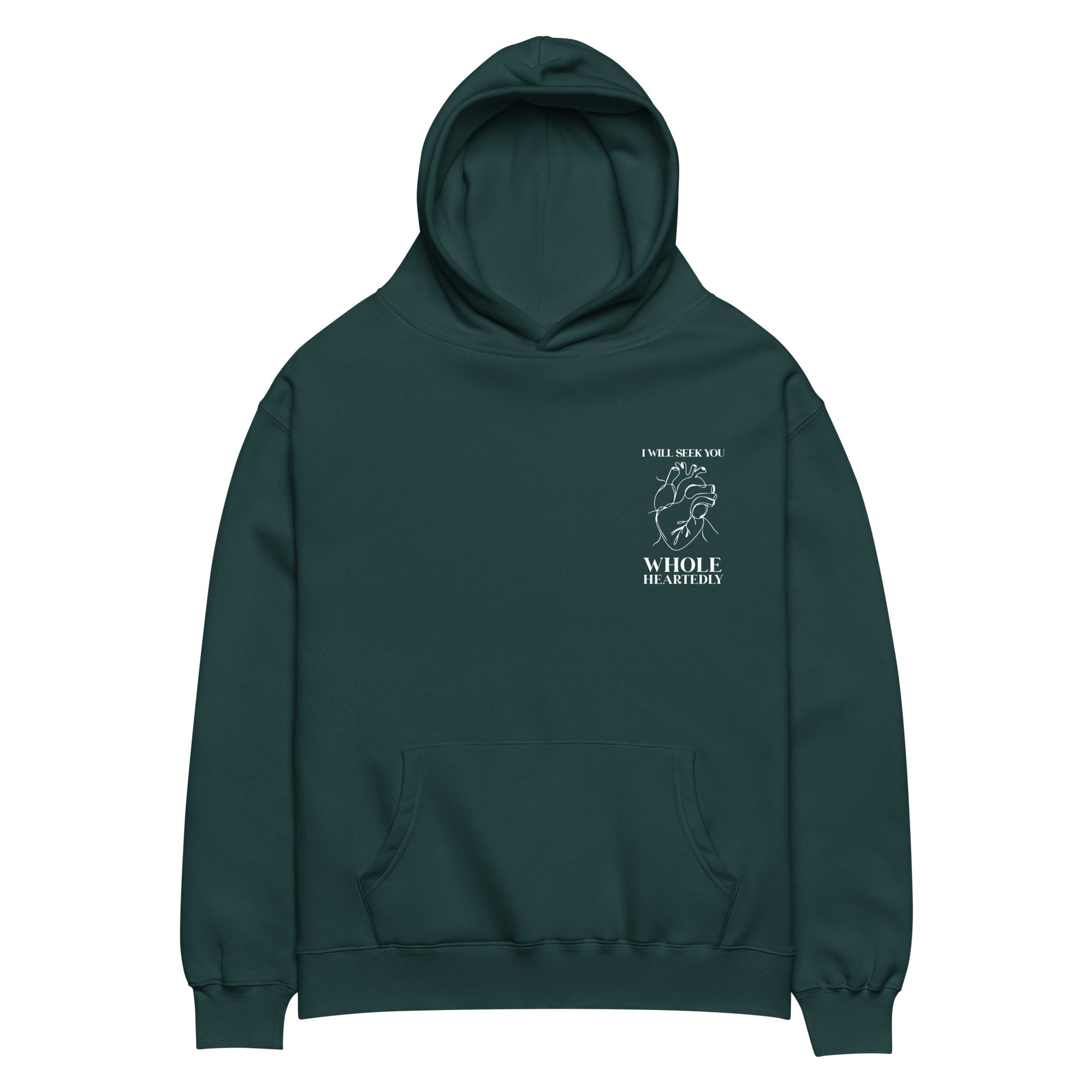 Image of Wholeheartedly Oversized Jesus hoodie pine green front — organic Christian hoodie relaxed fit