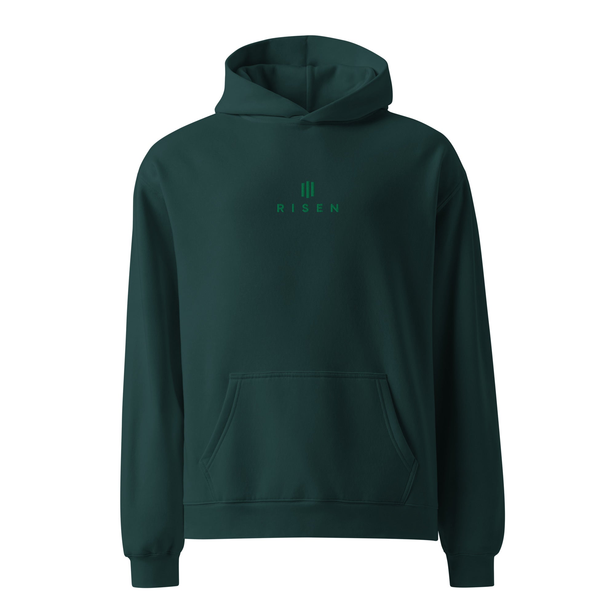 Image of Risen oversized Christian hoodie pine green back view — Entrusted to Him