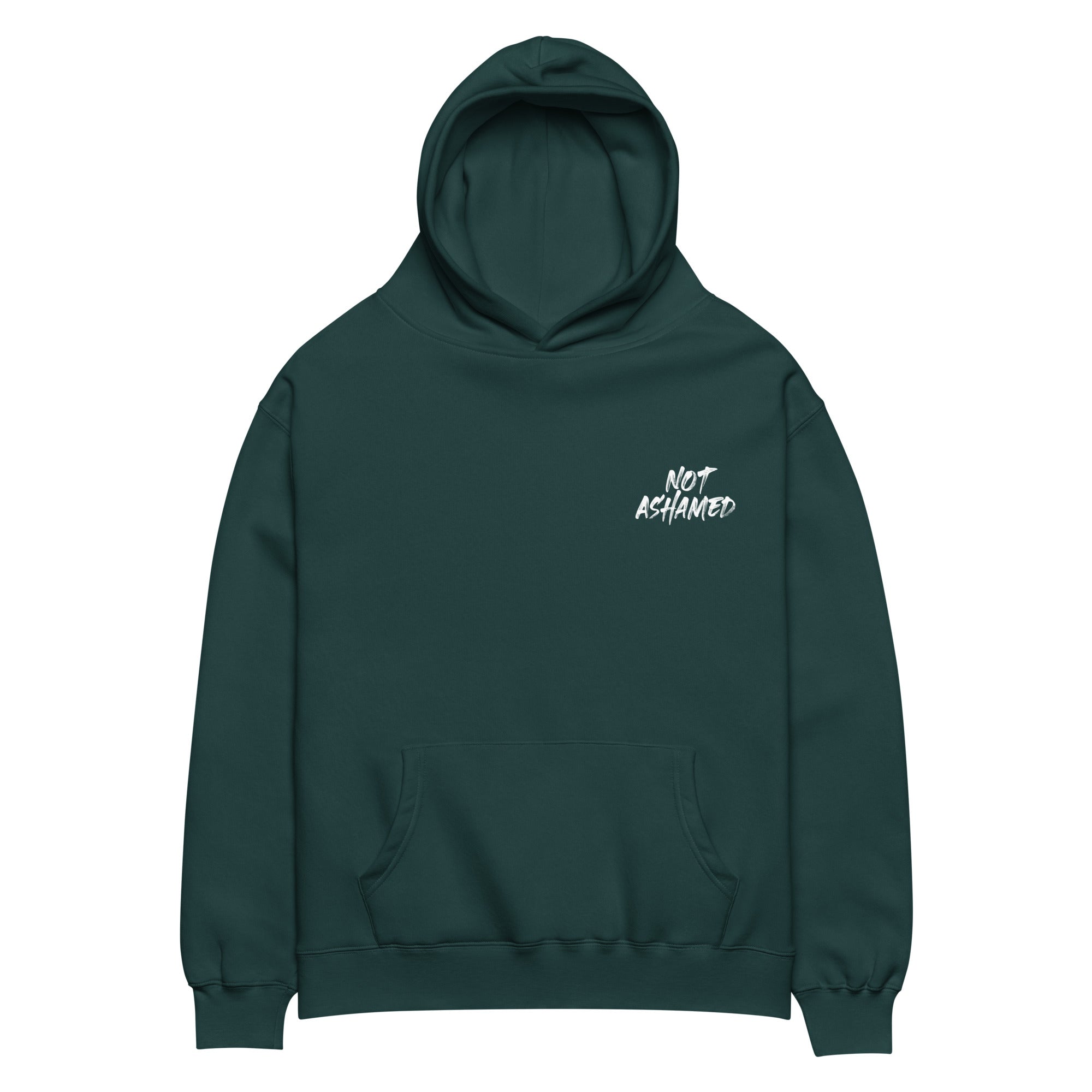 Image of Not Ashamed oversized Christian hoodie pine green front view — Entrusted to Him