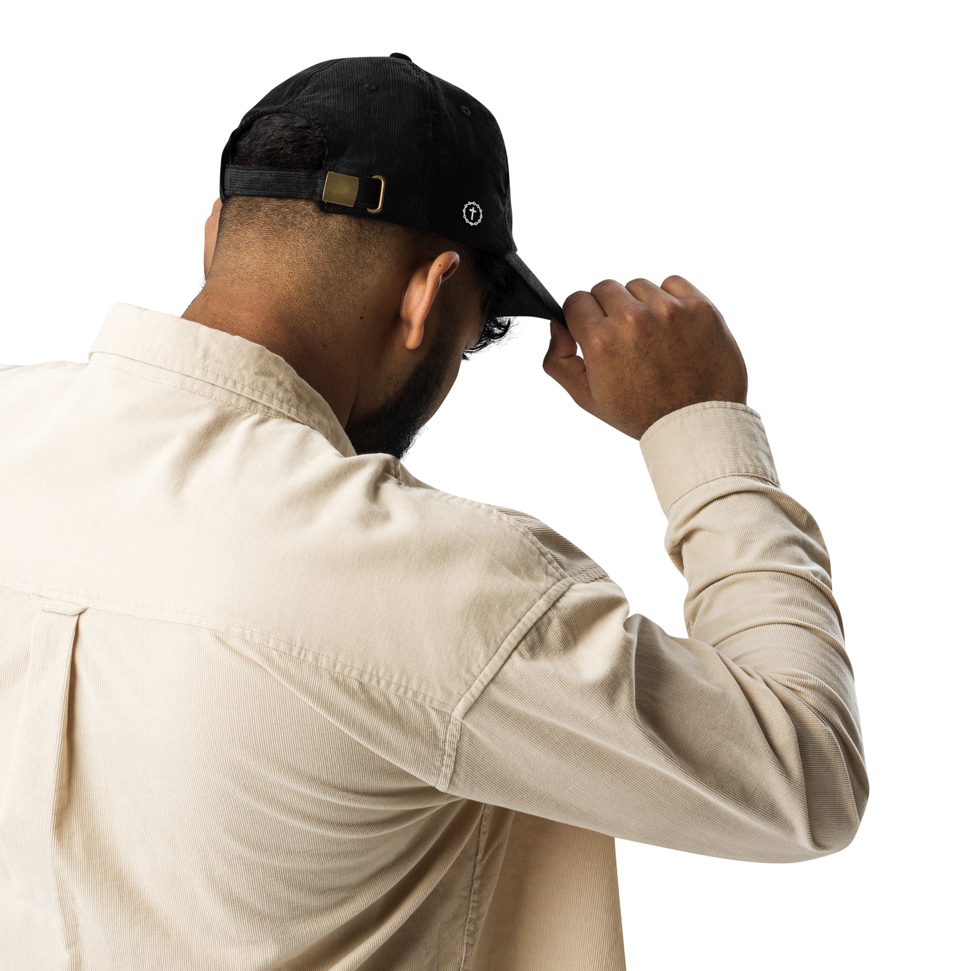 Image of Born To Serve Vintage Corduroy Cap Christian streetwear black back view — Entrusted to Him