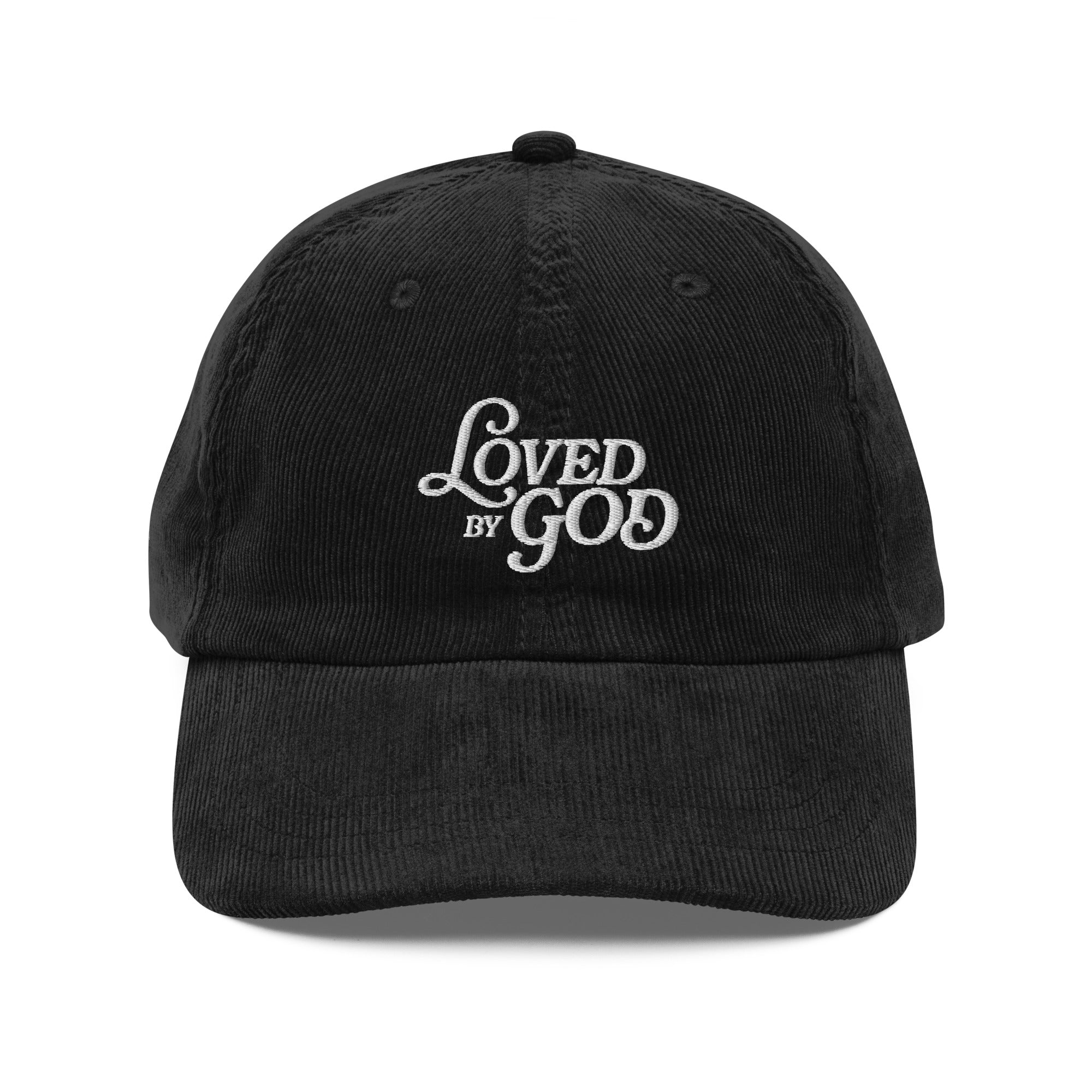 Image of Loved by God Vintage Corduroy Cap Christian streetwear black front view — Entrusted to Him