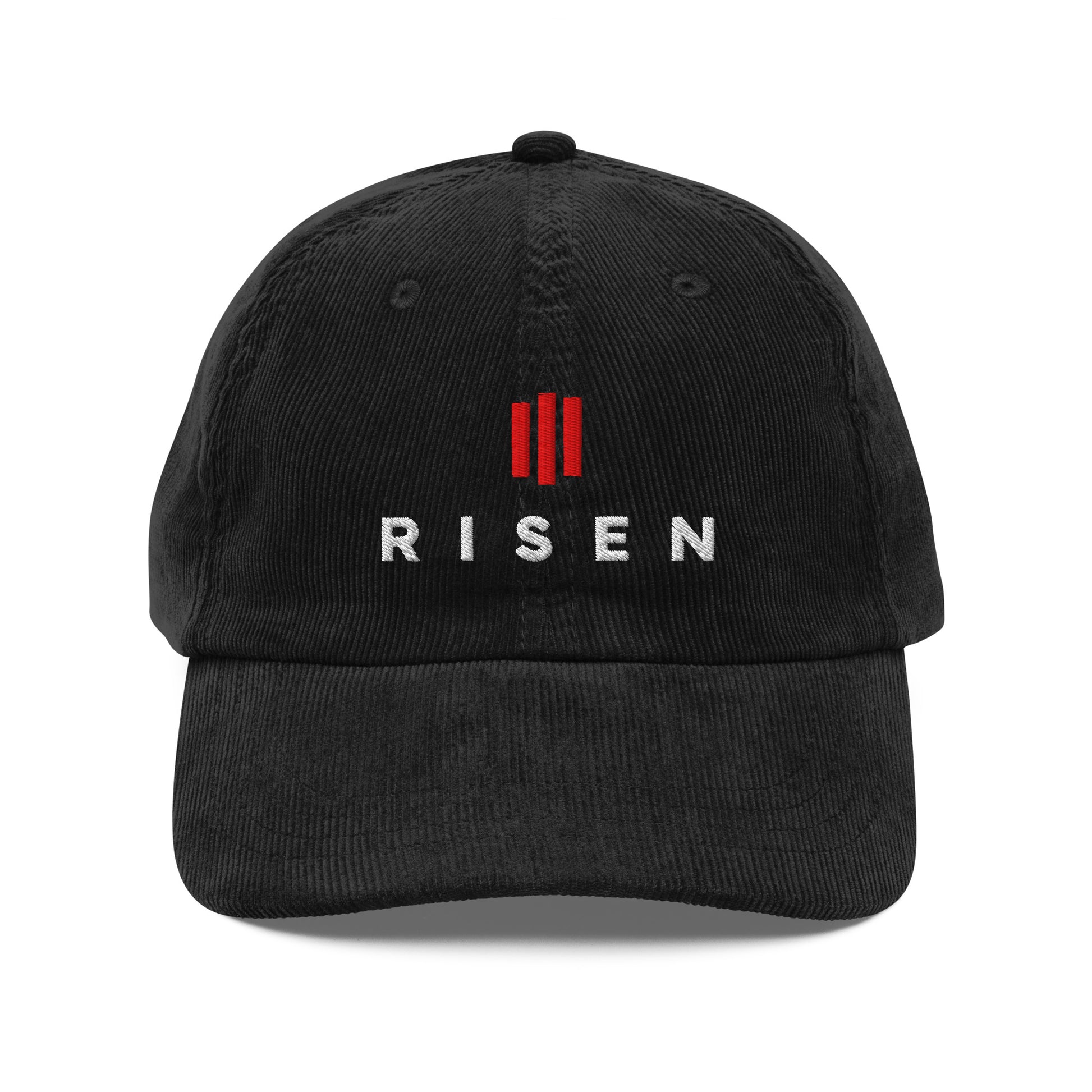 Risen Embroidered Corduroy Christian cap black front view — Entrusted to Him