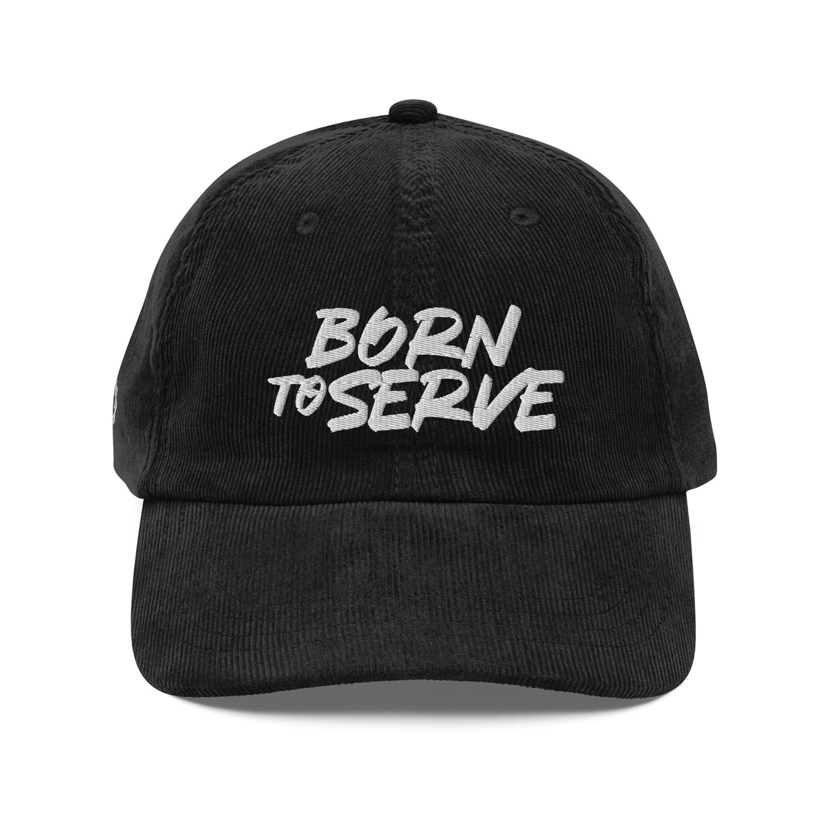 Born To Serve Vintage Corduroy Cap Christian streetwear black front view — Entrusted to Him