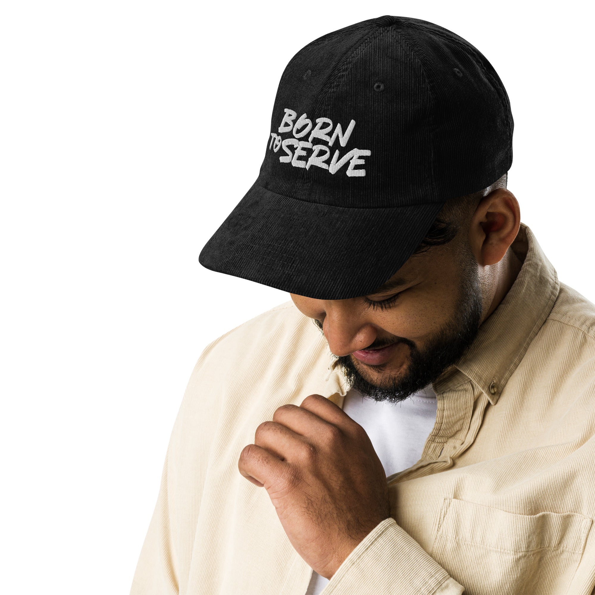 Image of Born To Serve Vintage Corduroy Cap Christian streetwear black front view — Entrusted to Him