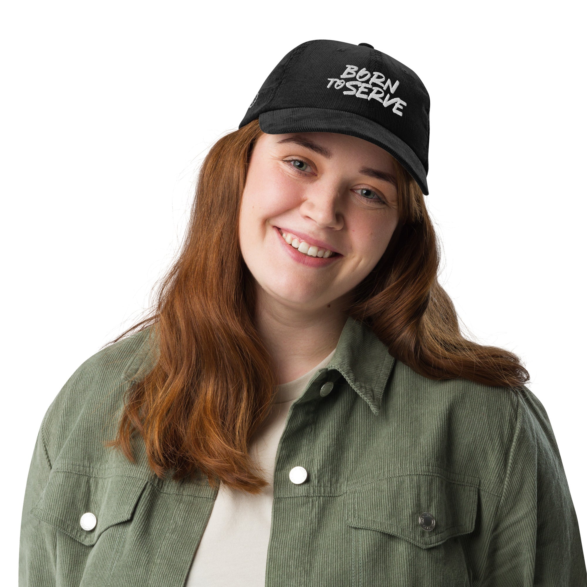 Image of Born To Serve Vintage Corduroy Cap Christian streetwear black front view — Entrusted to Him