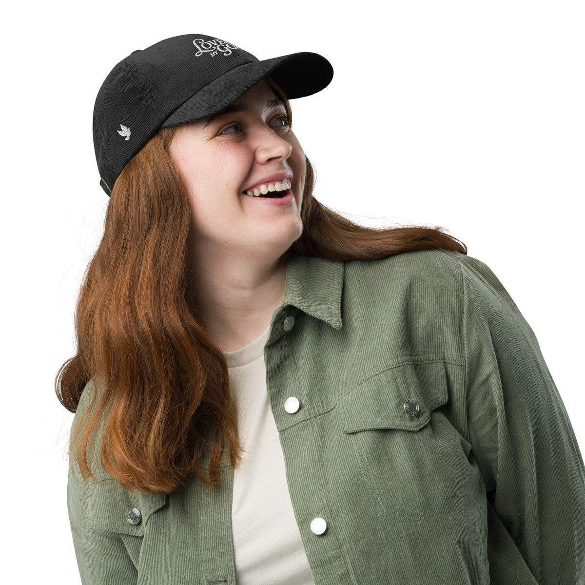 Loved by God Vintage Corduroy Cap Christian streetwear black front right view — Entrusted to Him