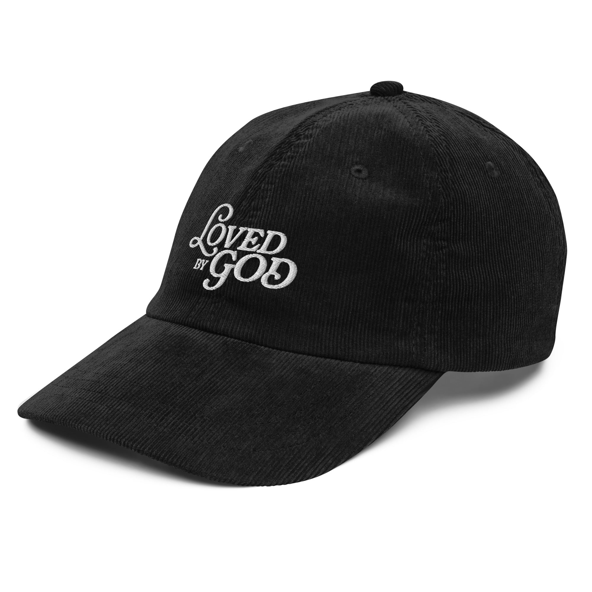 Image of Loved by God Vintage Corduroy Cap Christian streetwear black left front view — Entrusted to Him