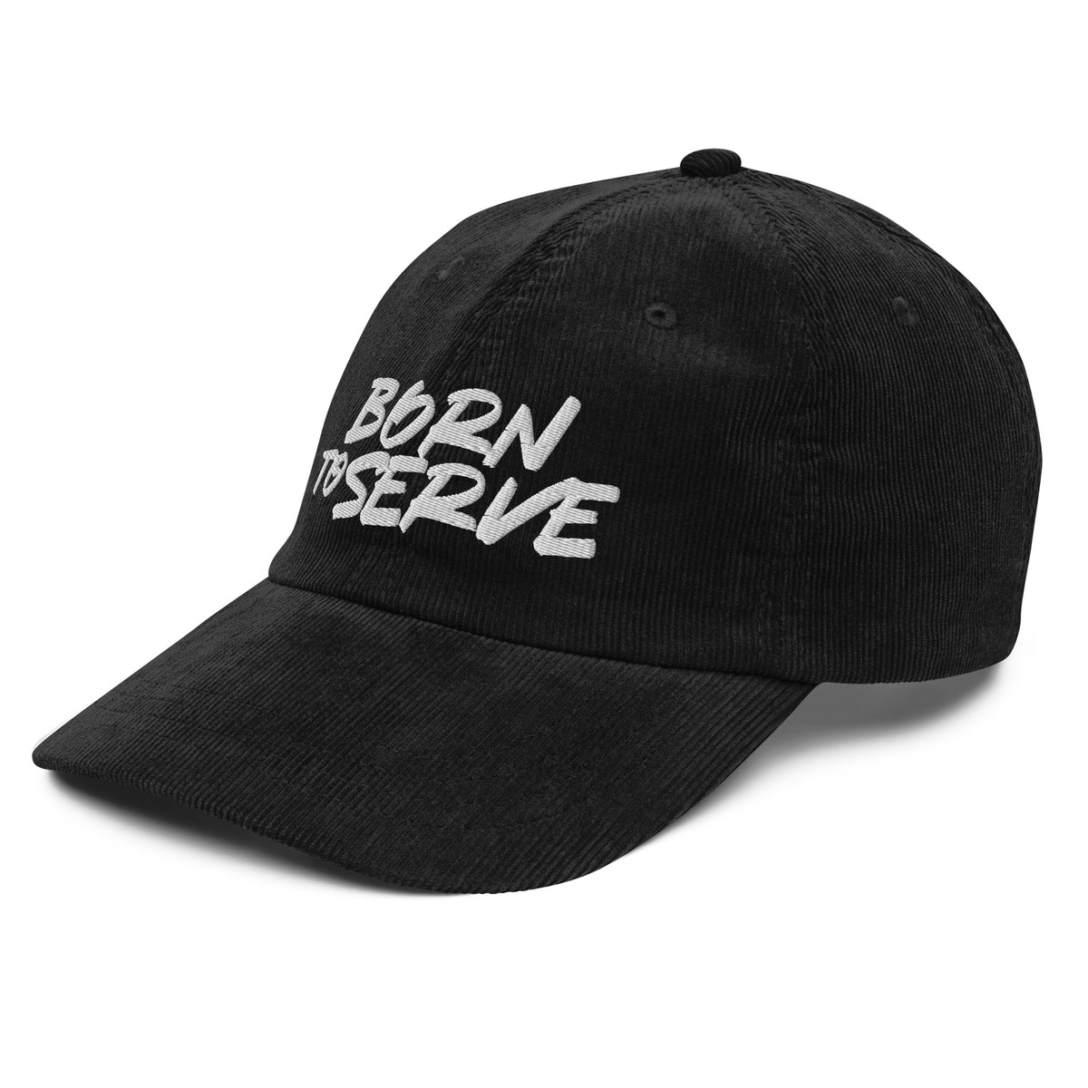 Born To Serve Vintage Corduroy Cap Christian streetwear black left front view — Entrusted to Him