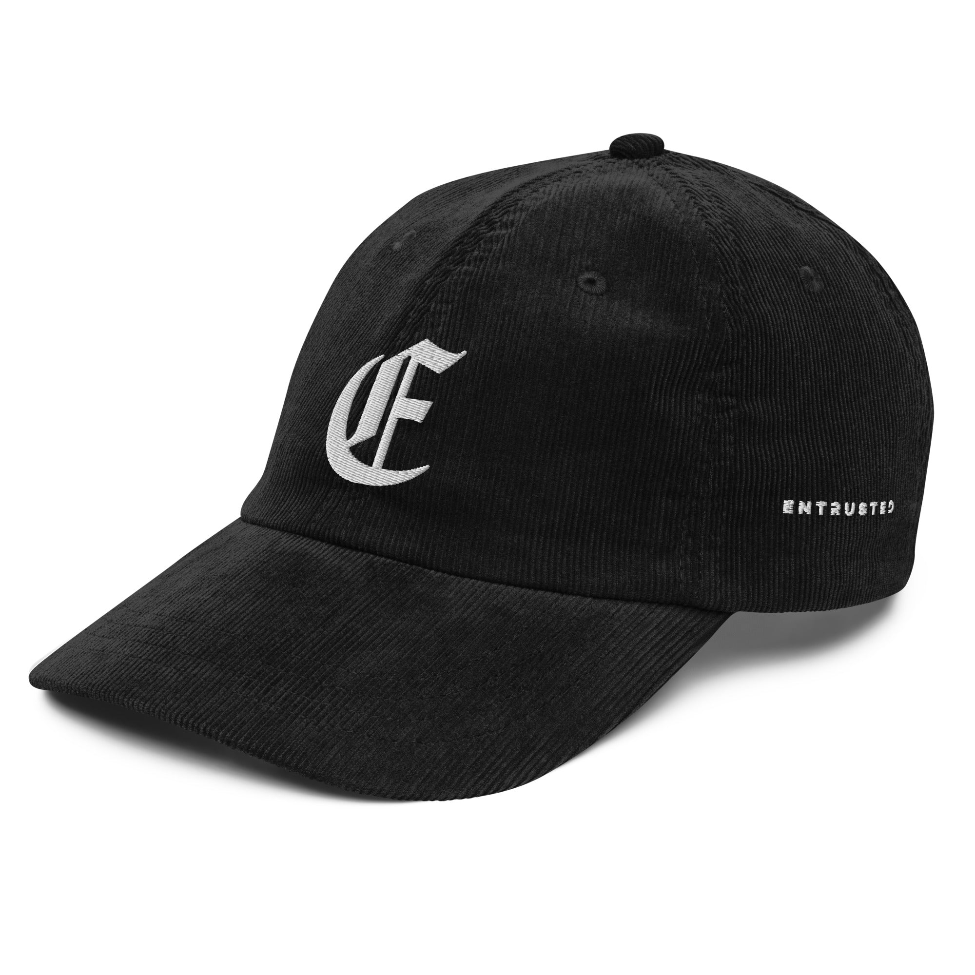 Image of Entrusted Corduroy christian hat for women black left front view — Entrusted to Him