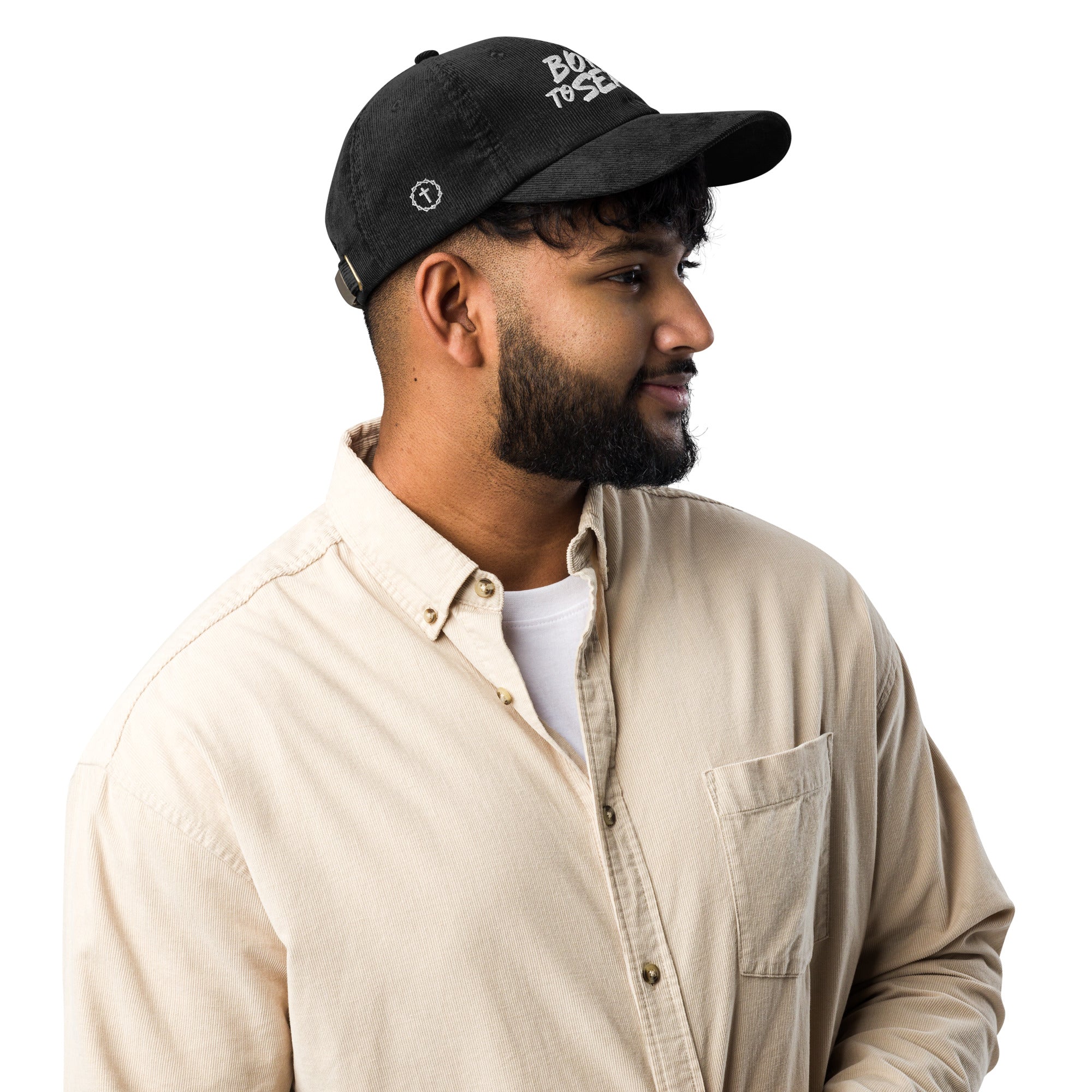 Image of Born To Serve Vintage Corduroy Cap Christian streetwear black right side view — Entrusted to Him