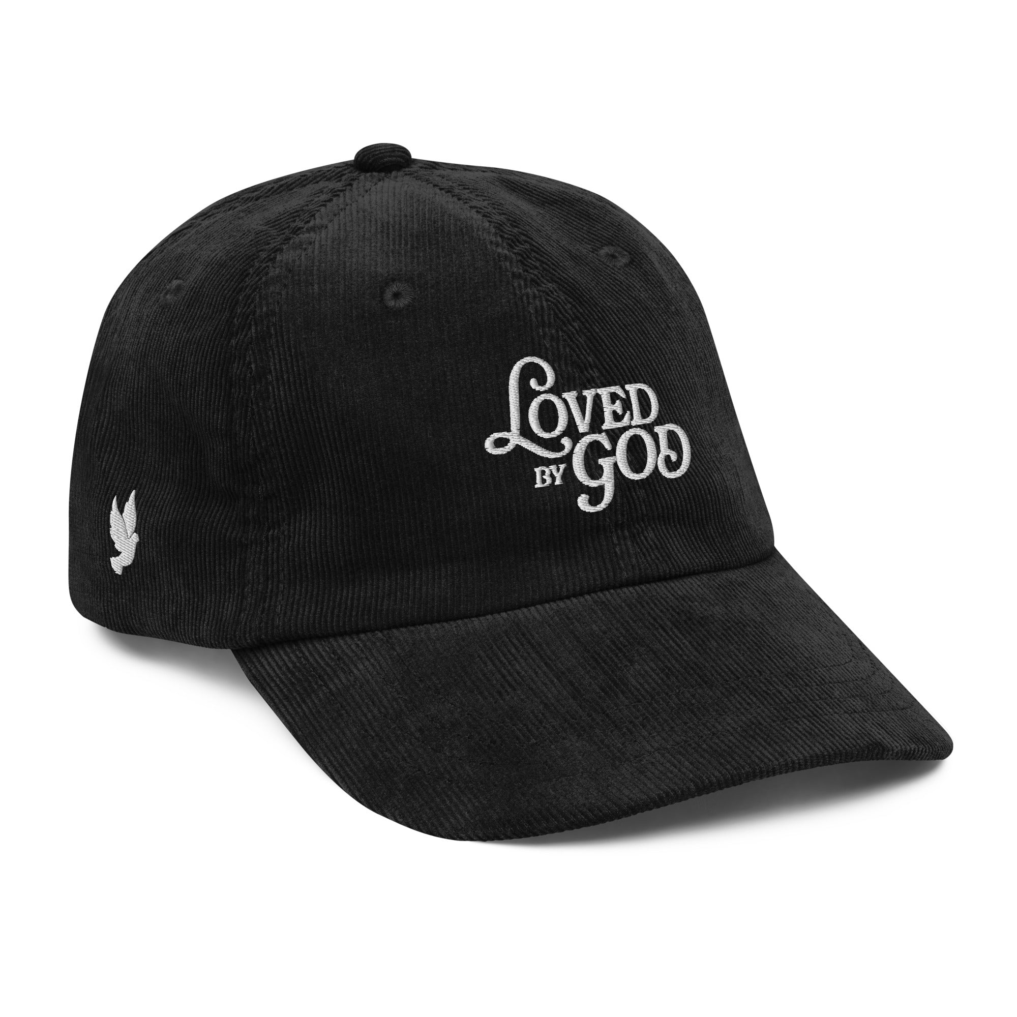 Image of Loved by God Vintage Corduroy Cap Christian streetwear black right front view — Entrusted to Him