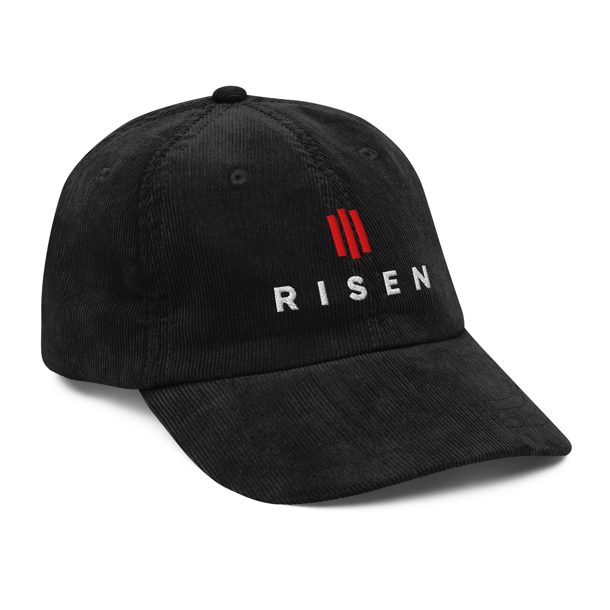 Risen Embroidered Corduroy Christian hat black right front view — Entrusted to Him