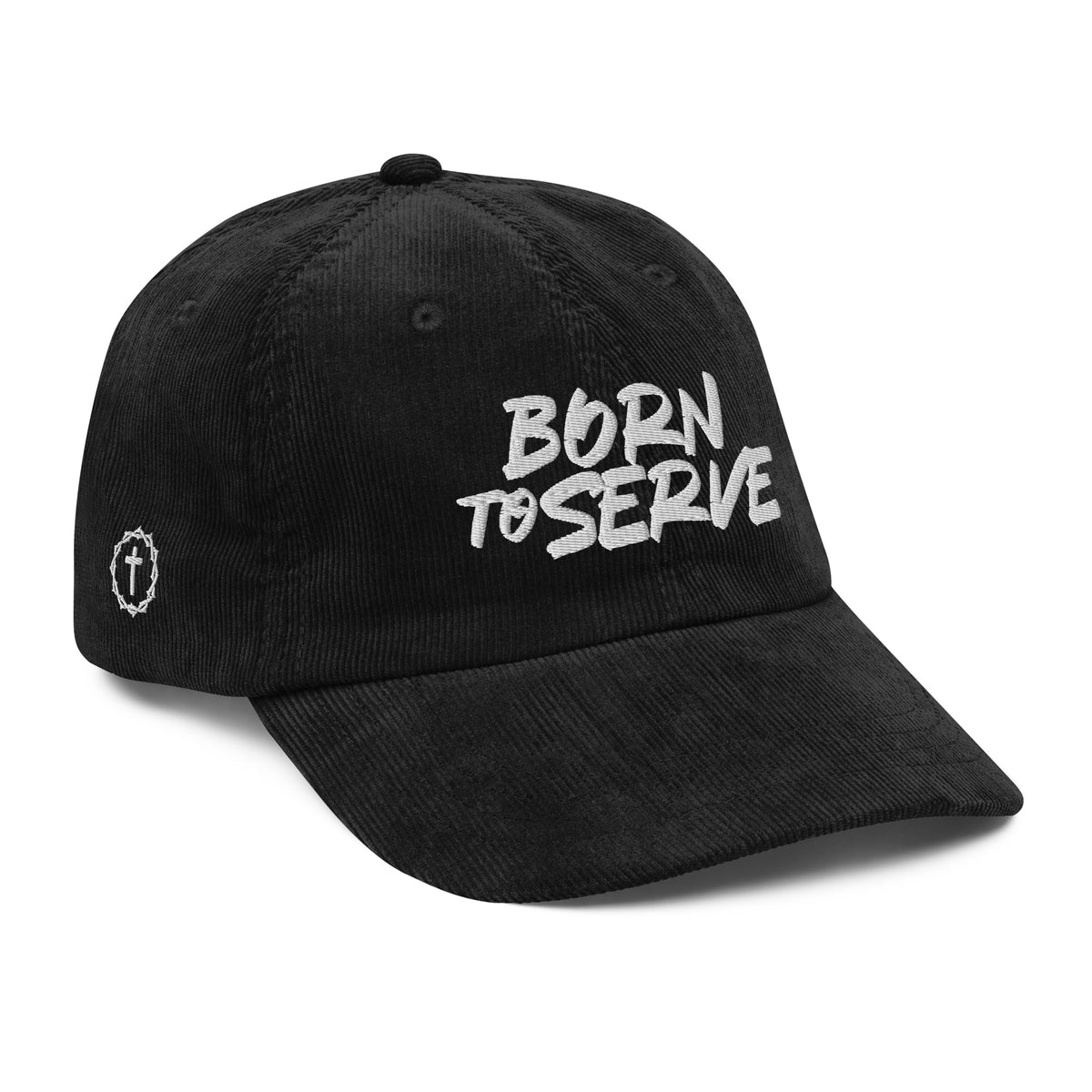 Born To Serve Vintage Corduroy Cap Christian streetwear black right front view — Entrusted to Him